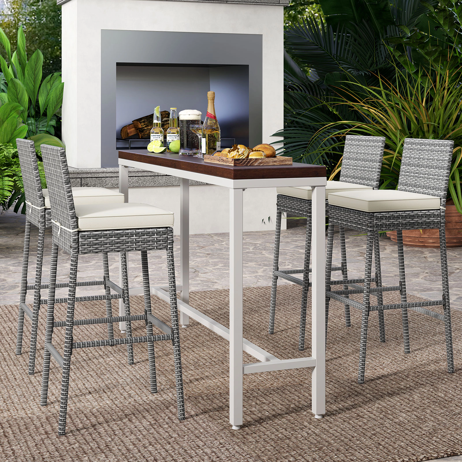 LJG Set of 2/4 Patio Wicker Barstools with Soft Seat Cushion and Cozy Footrest-Set of 4