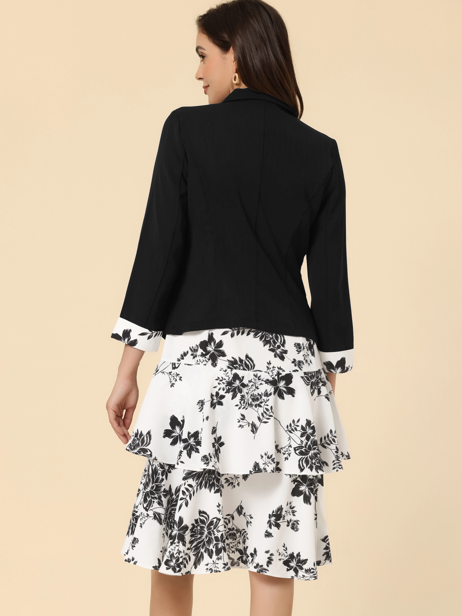 INSPIRE CHIC Women's Chiffon V-Neck Dress and Contrast Panel Blazer Suit Set