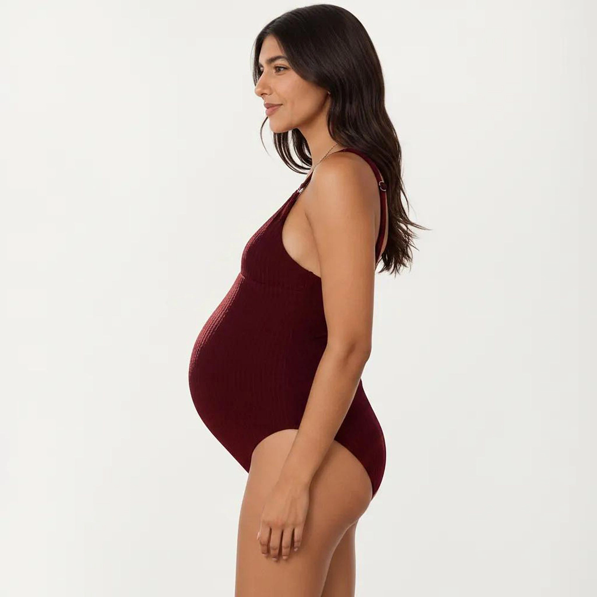 Anna-Kaci Women's Maternity V-Neck Ribbed One-Piece Swimsuit, High-Waist Burgundy