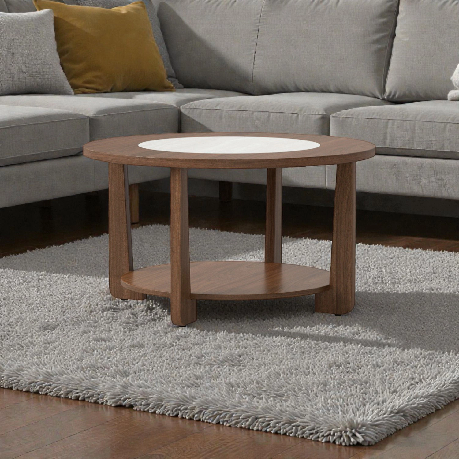Hivvago Round Living Room Coffee Table with Contrasting Top and Open Display Shelf