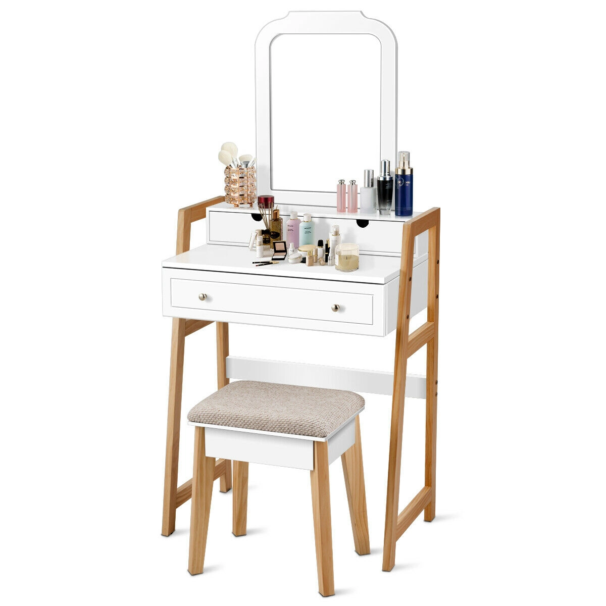 LJG Vanity Table Set with Cushioned Stool and Large Mirror