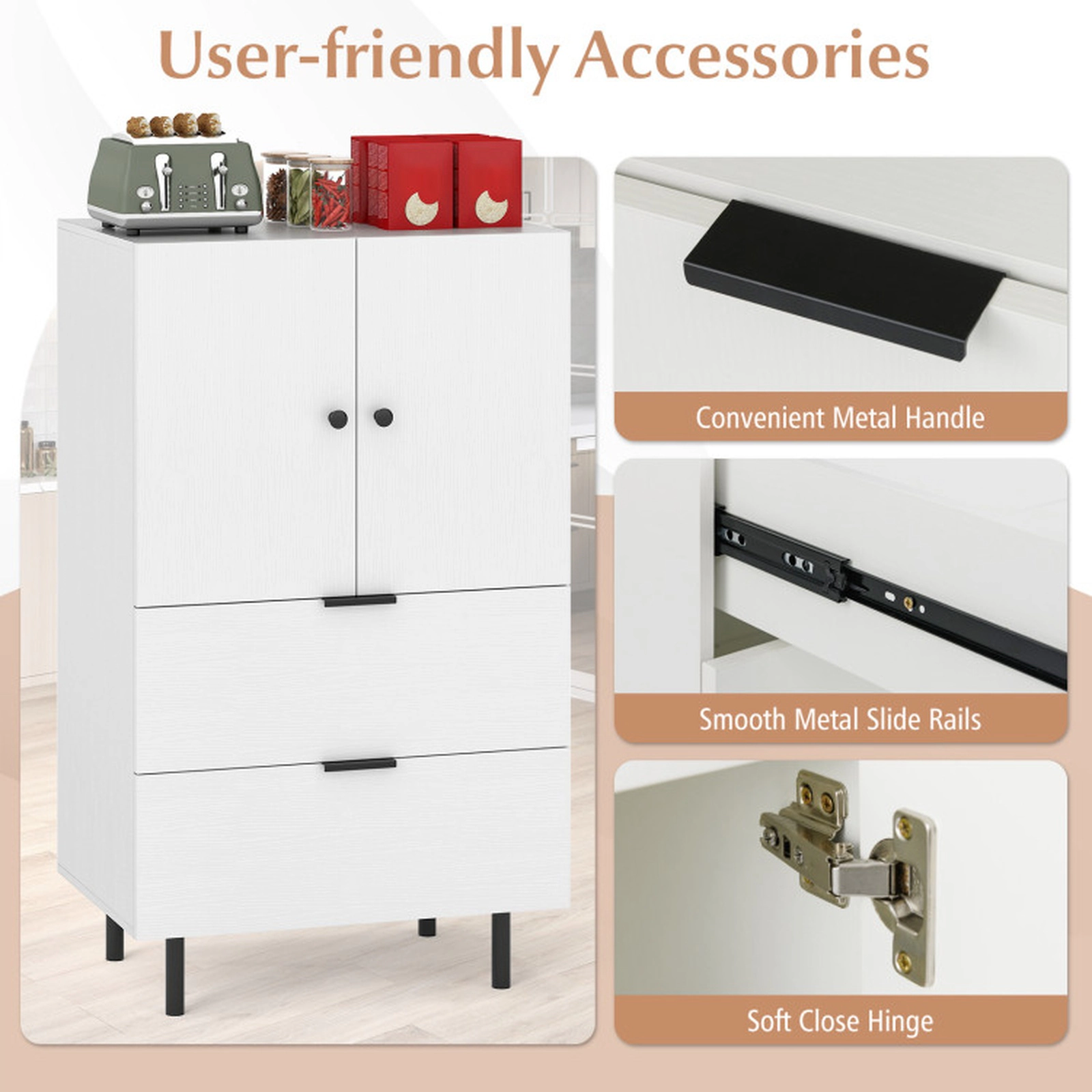SUGIFT 2-Door Narrow 2 Drawers Metal Legs Sideboard Buffet Cabinet 23.5-in x 16.5-in x 40-in 155-lb Capacity White