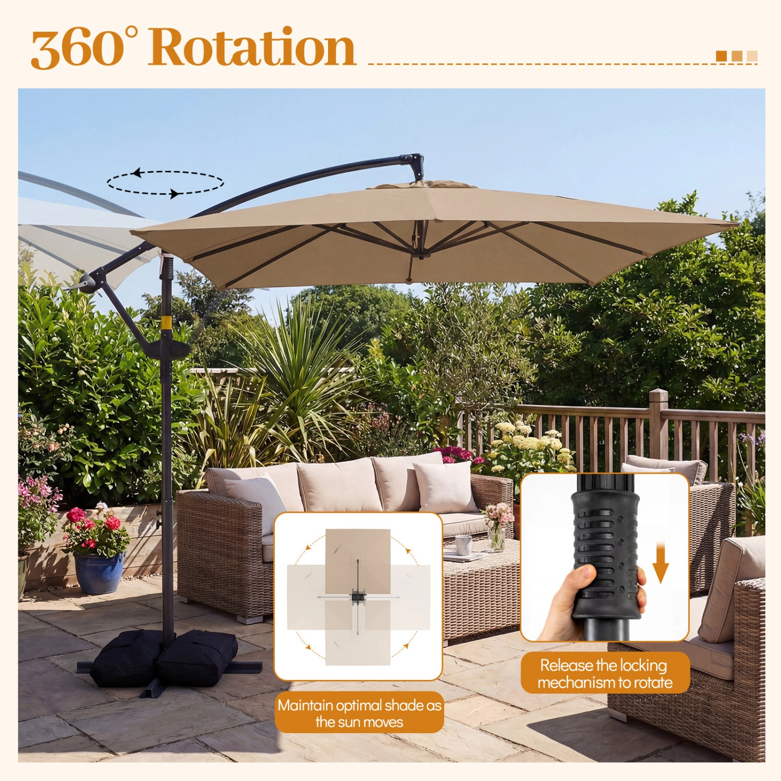 SUGIFT 8 x 8ft Square Offset Cantilever Patio Umbrella with 360° Rotation 116-lb Base Capacity Rustic Brown