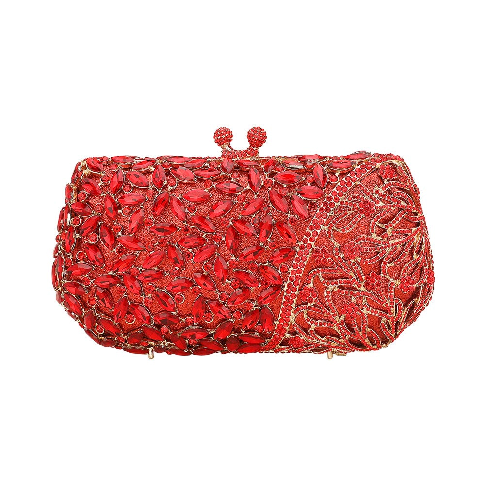 FASHNZFAB Floral Leaf Crystal Frame Evening Clutch Shoulder Bag