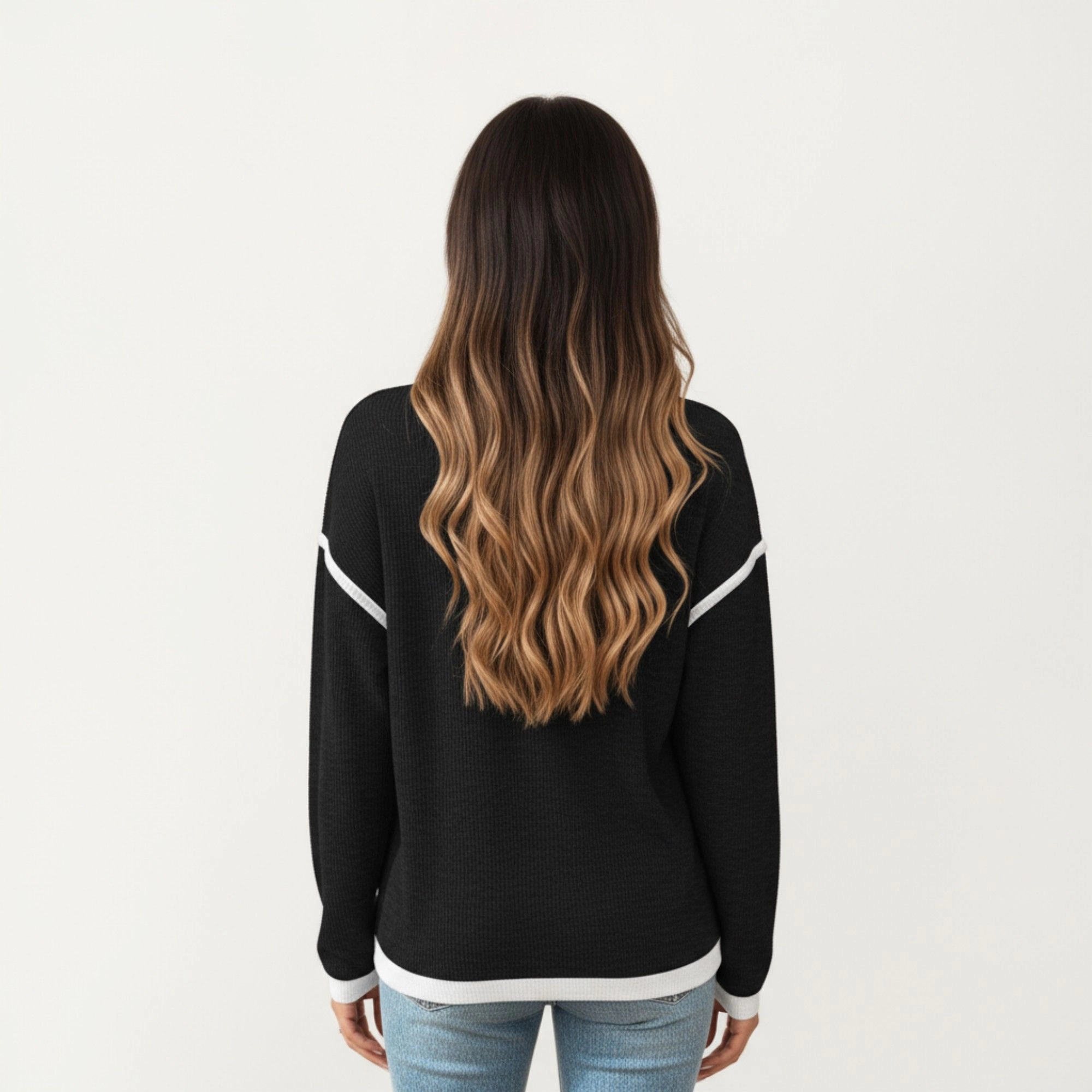 Anna-Kaci Women's Contrast Trim Relaxed Fit Long Sleeve Knit Top