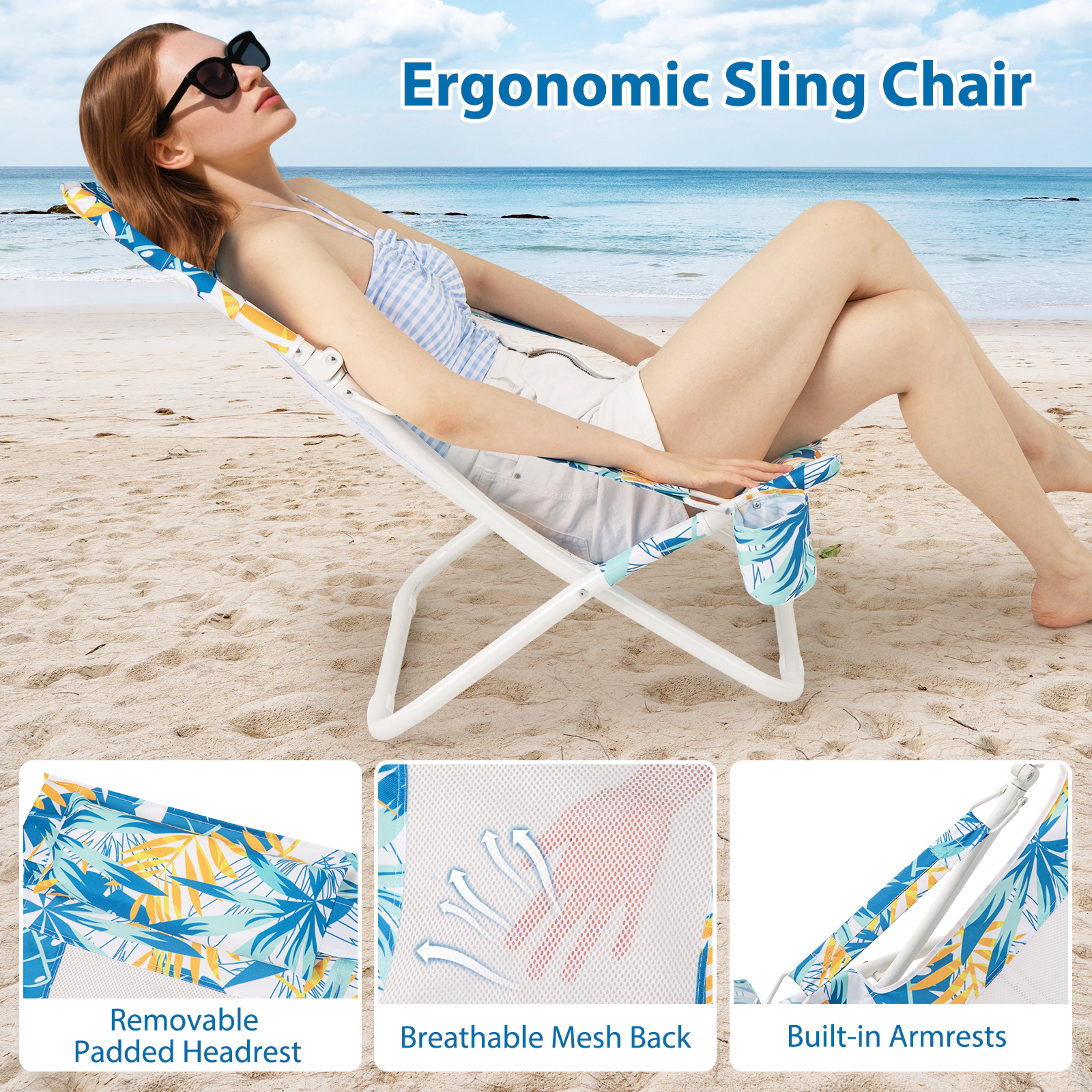SUGIFT Set of 2 Blue Low Folding Beach Sling Chairs, 330 lb Capacity