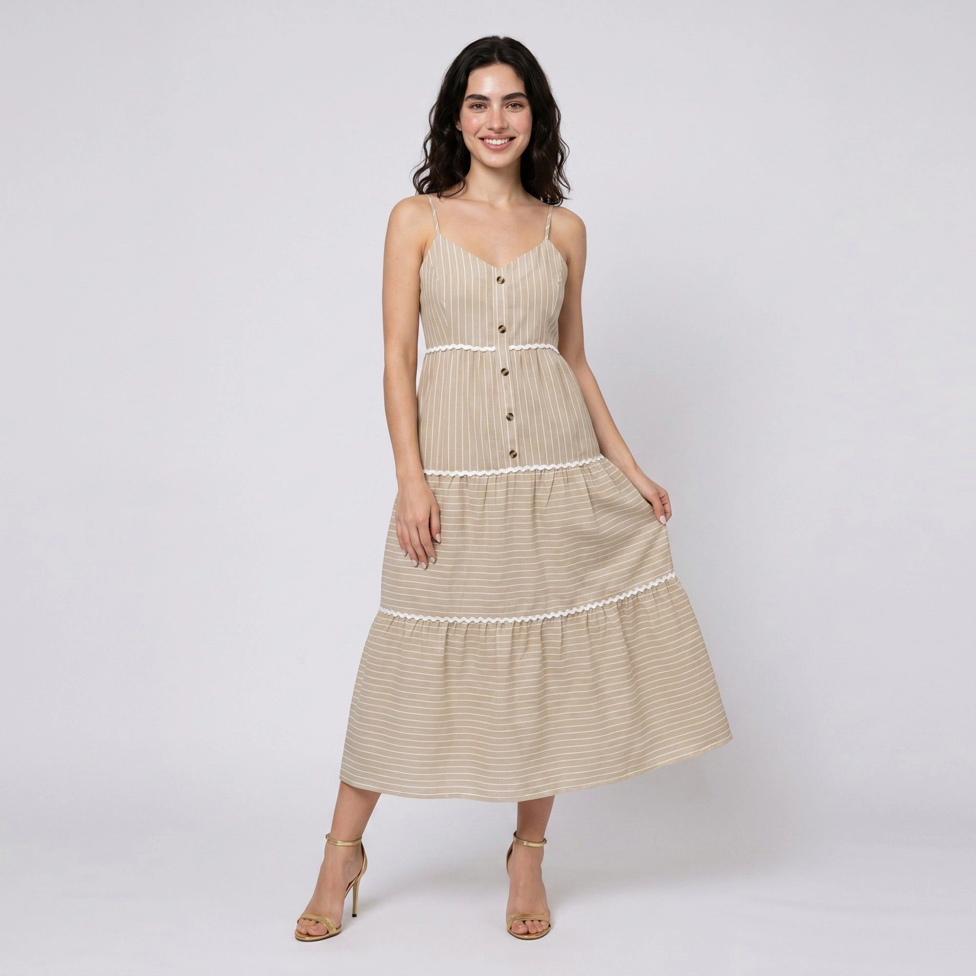 Anna-Kaci Women's Striped Spaghetti Strap Button Front Rickrack Trim Tiered Skirt A-Line Midi Dress
