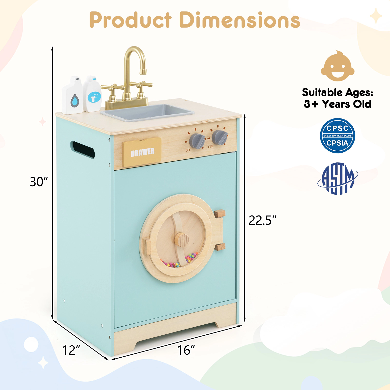 SUGIFT Kids Blue Wooden Toy Washing Machine Playset with Removable Sink and Detergent Bottle 16-in W 30-in H