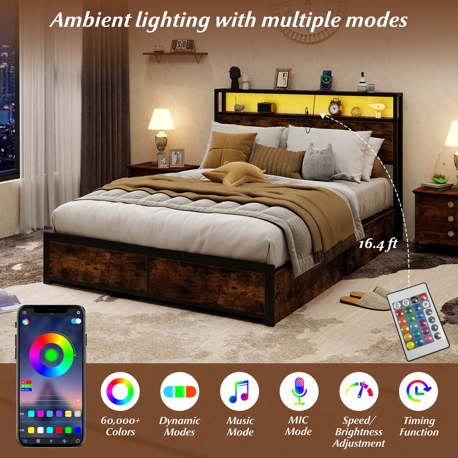 SUGIFT Full Size LED Bed Frame with Charging Station and 4 Storage Drawers 880-lb Capacity Rustic Brown + Black