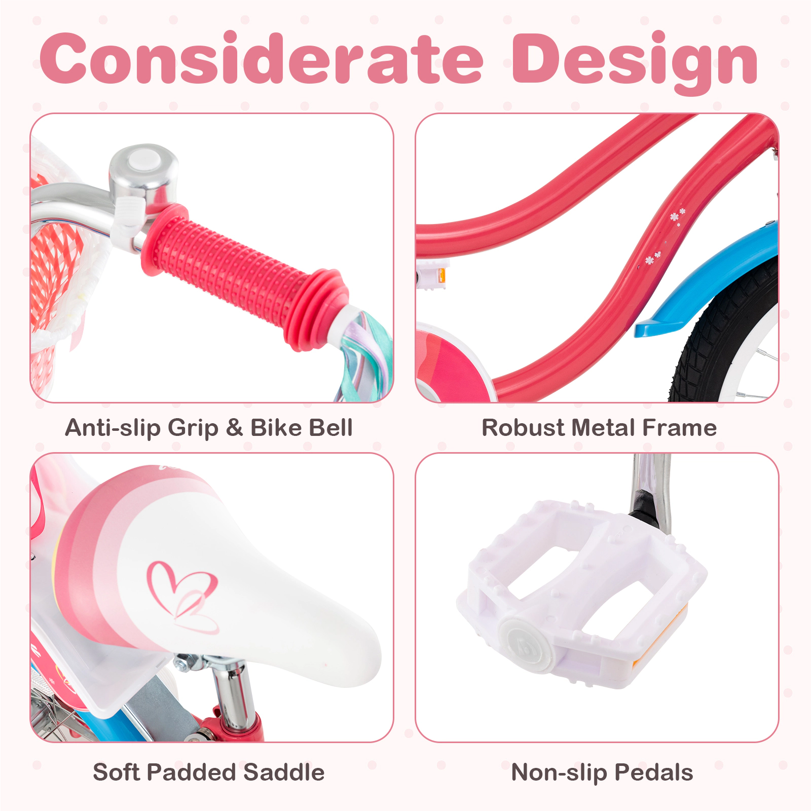 SUGIFT 12-in Pink Girls Bike with Rear Doll Seat Front Basket Training Wheels and Chain Guard