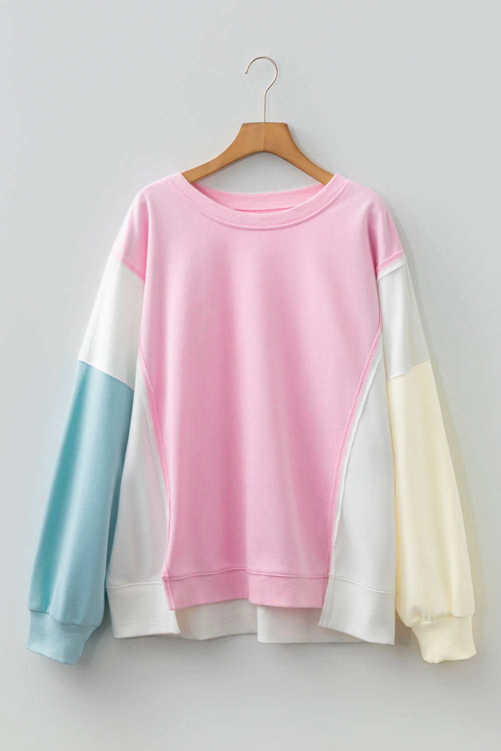 Threaded Pear Women's Pink Colorblock Patchwork Drop Shoulder Plus Size Sweatshirt