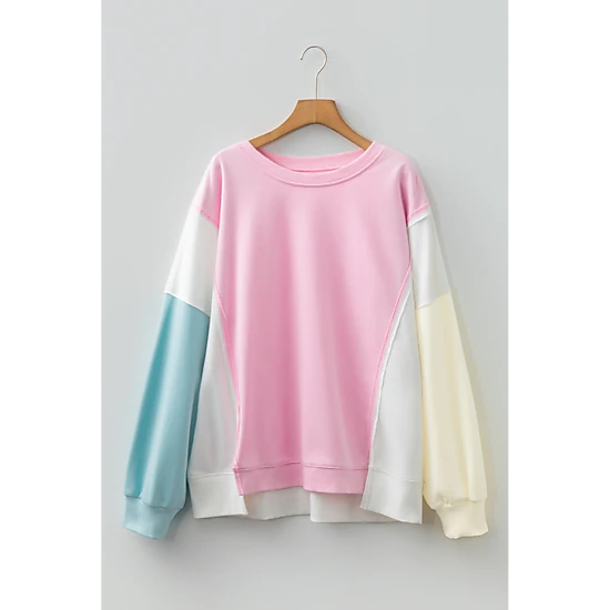 Threaded Pear Women's Pink Colorblock Patchwork Drop Shoulder Plus