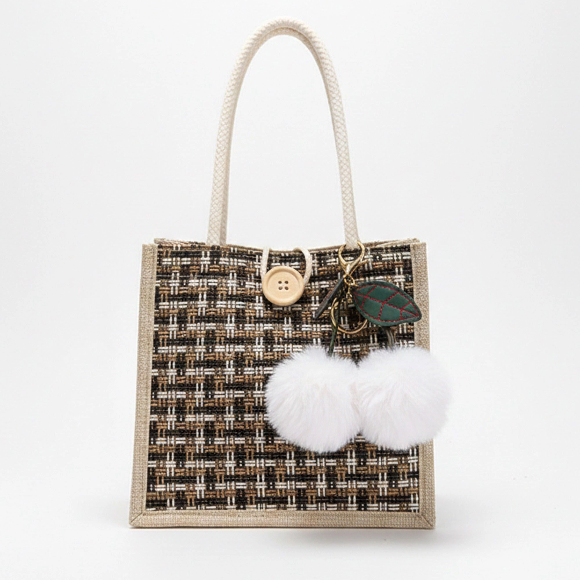 Alilang Women's Woven Mini Tote Handbag with Pom Charm and Top Handle