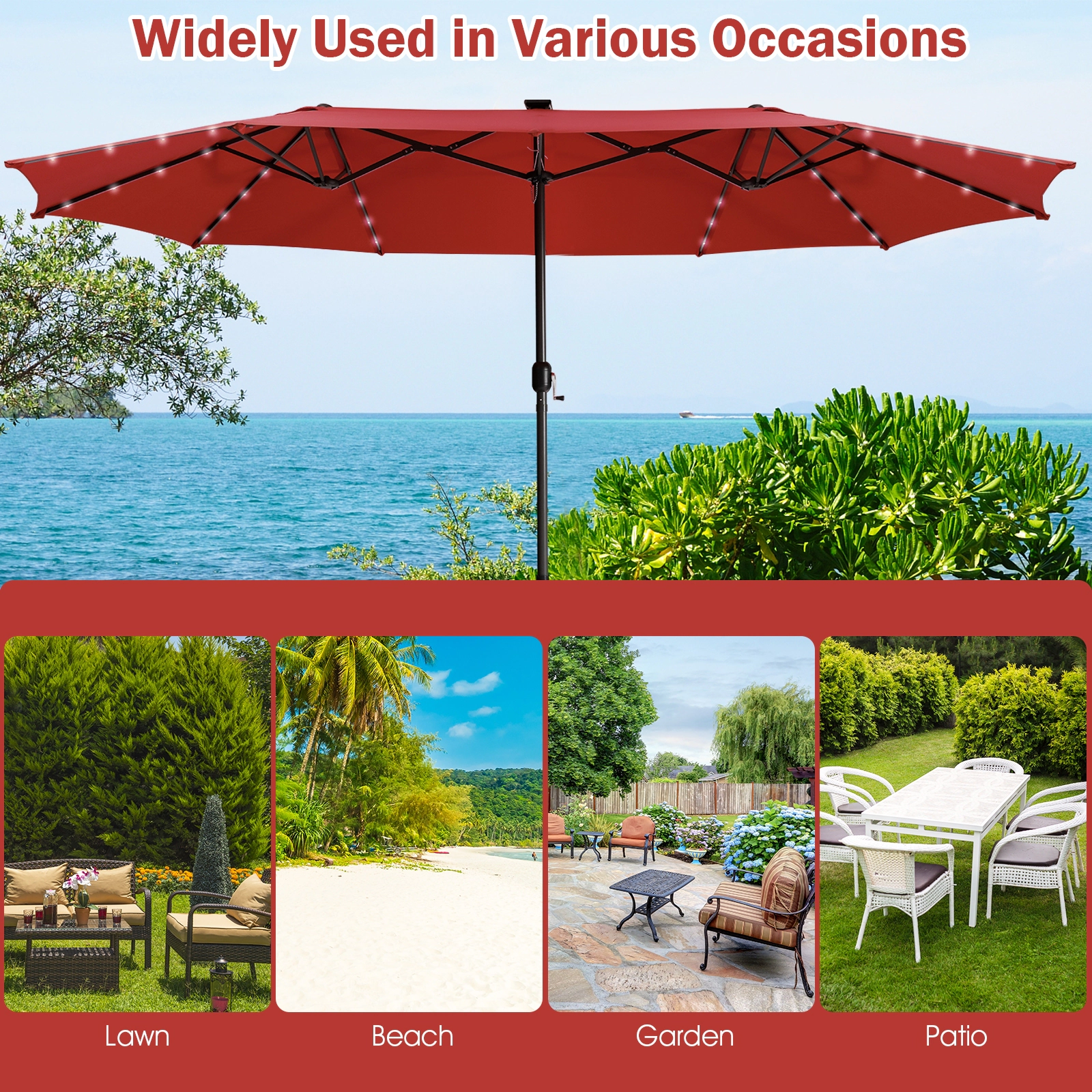 SUGIFT Double-Side 15.4-in Twin Patio Umbrella with 48 Solar LED Lights and Hand-Crank System Dark Red