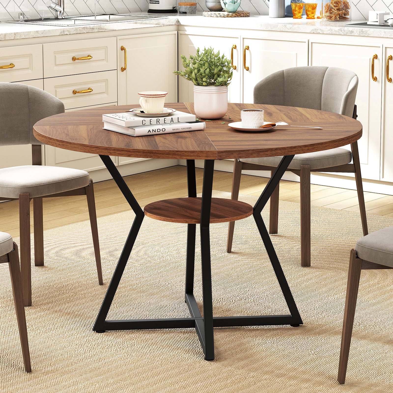 LJG 47" Round Dining Table for 4 with Storage Shelf