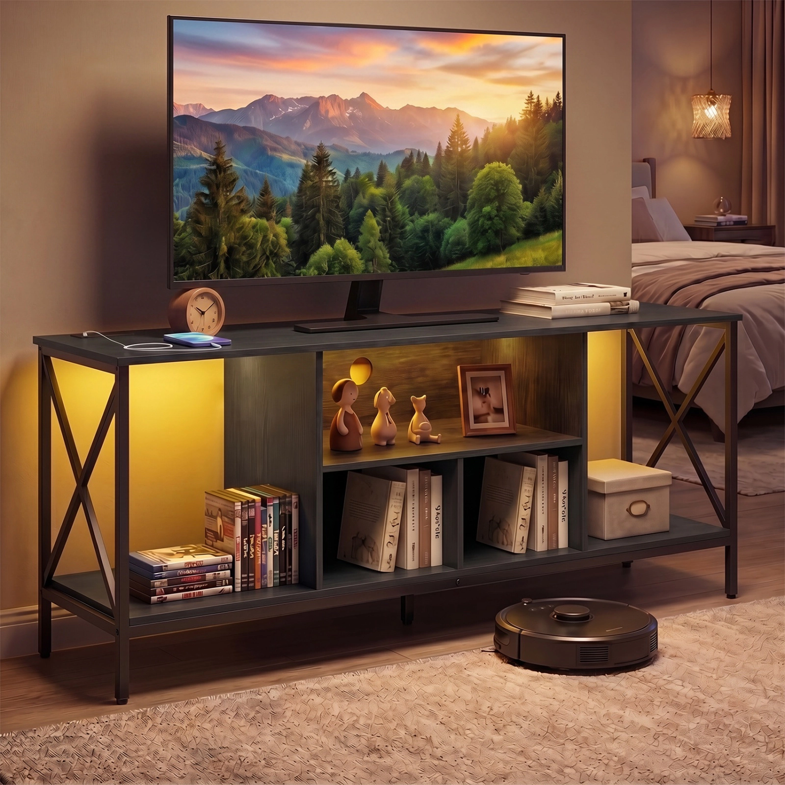 SUGIFT TV Stand with LED Lights Entertainment Center with Power Outlets for 65-In TV 132-lb Tabletop Capacity Black