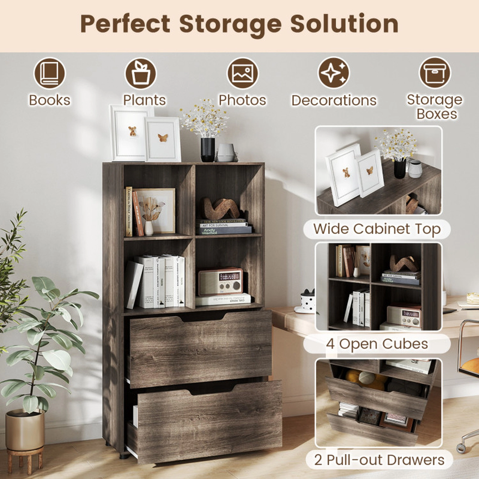 SUGIFT 4-Cube Bookcase with 2 Drawers 51 Tall Freestanding Bookshelf