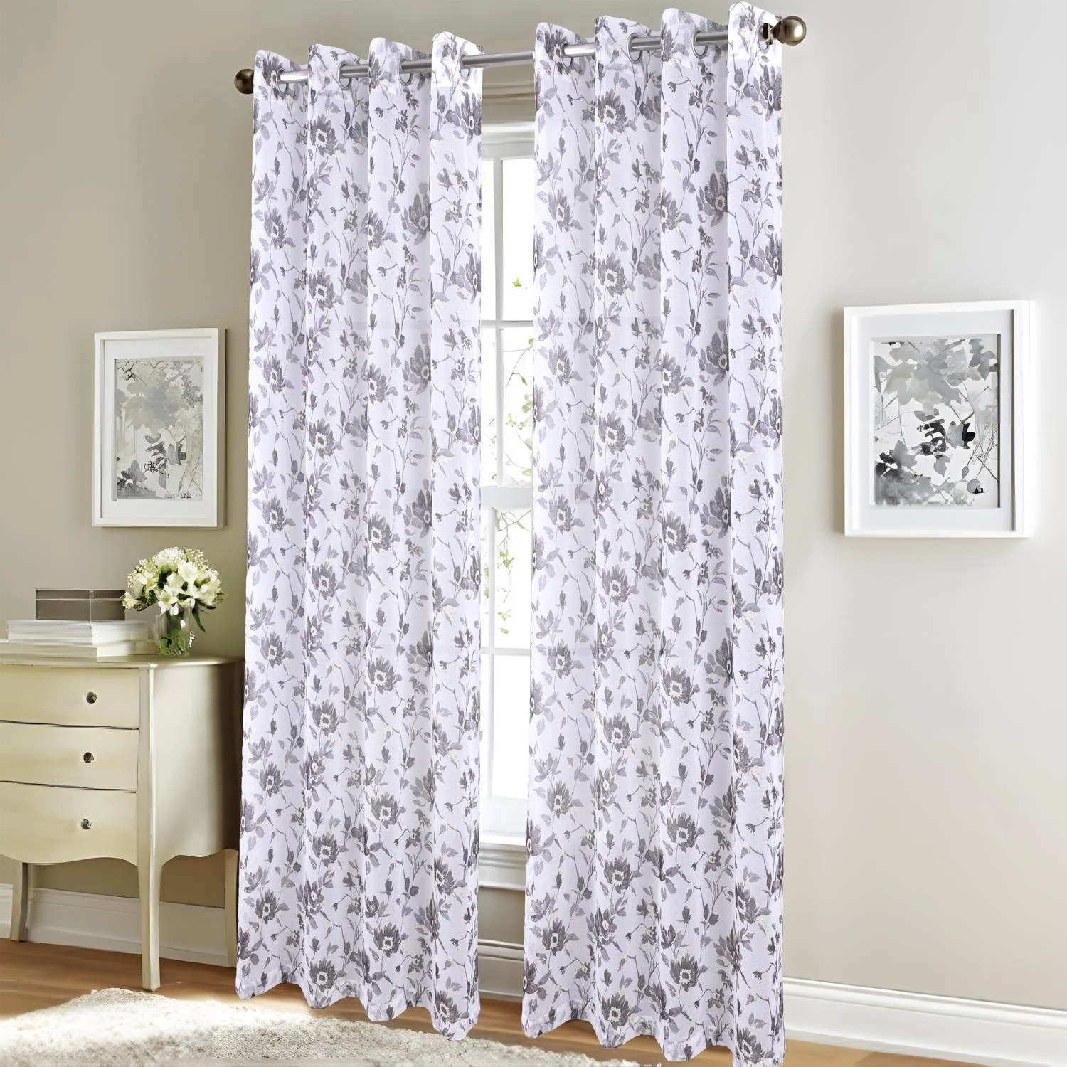 RT Designers Collection Meadow Grommet Metallic Sheer Printed Doily Curtain Panel 54" x 95" Grey