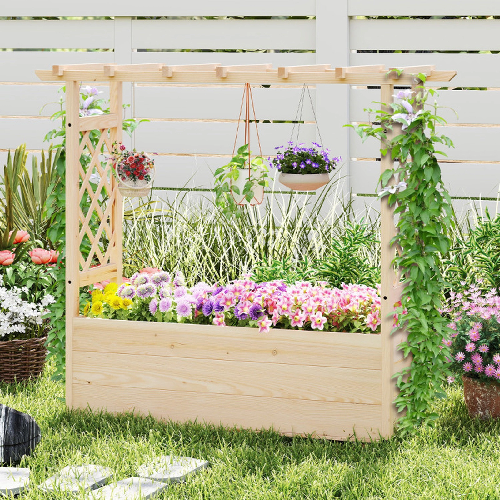 SUGIFT Raised Garden Bed Wooden Elevated Planter Box with Hanging Roof and Trellis 41-in Tall Natural Pine Wood 1-Pc