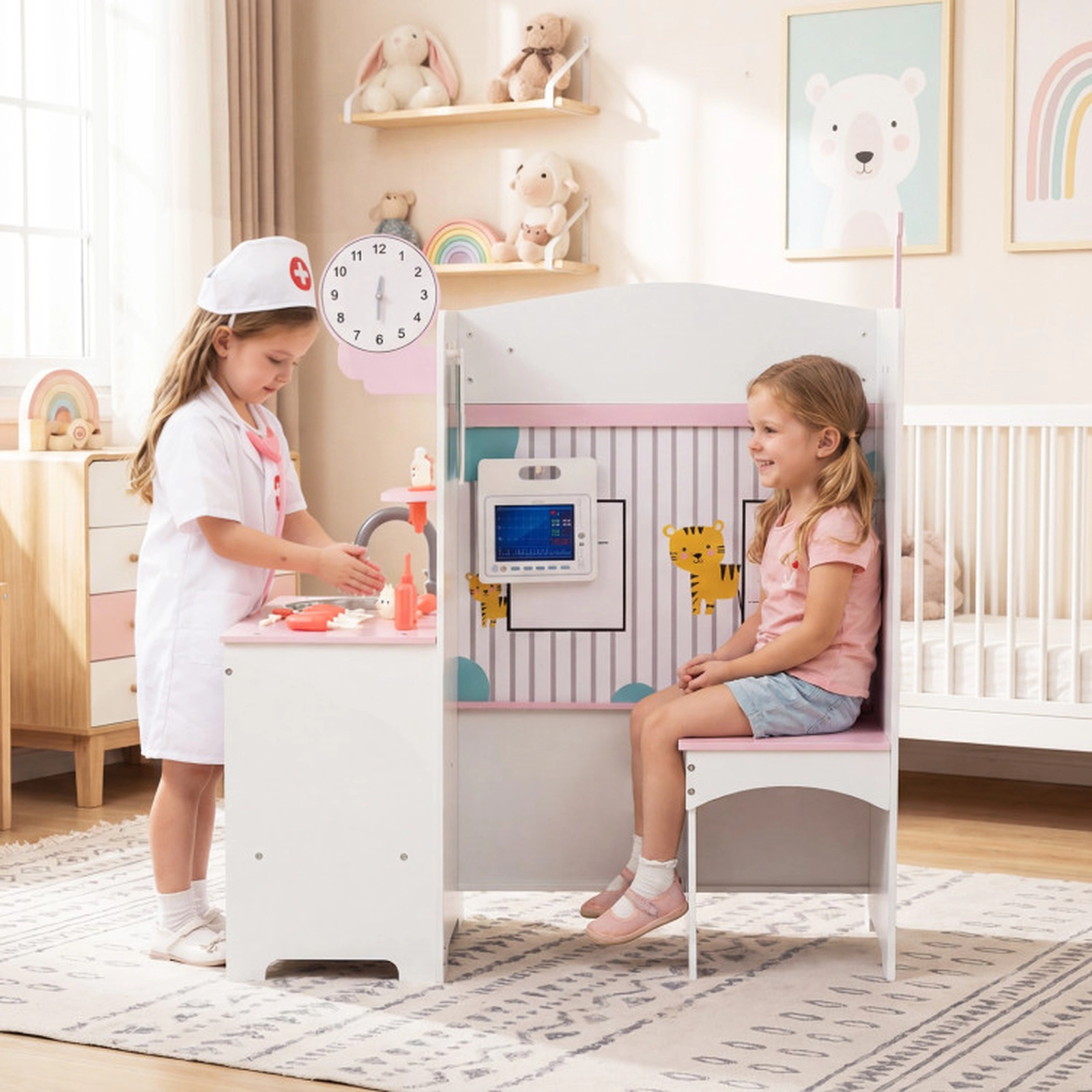 SUGIFT Kids Doctor Play Set with Adjustable Height Bar Medical Station Ages 3-6 with 27 Accessories Pink and White