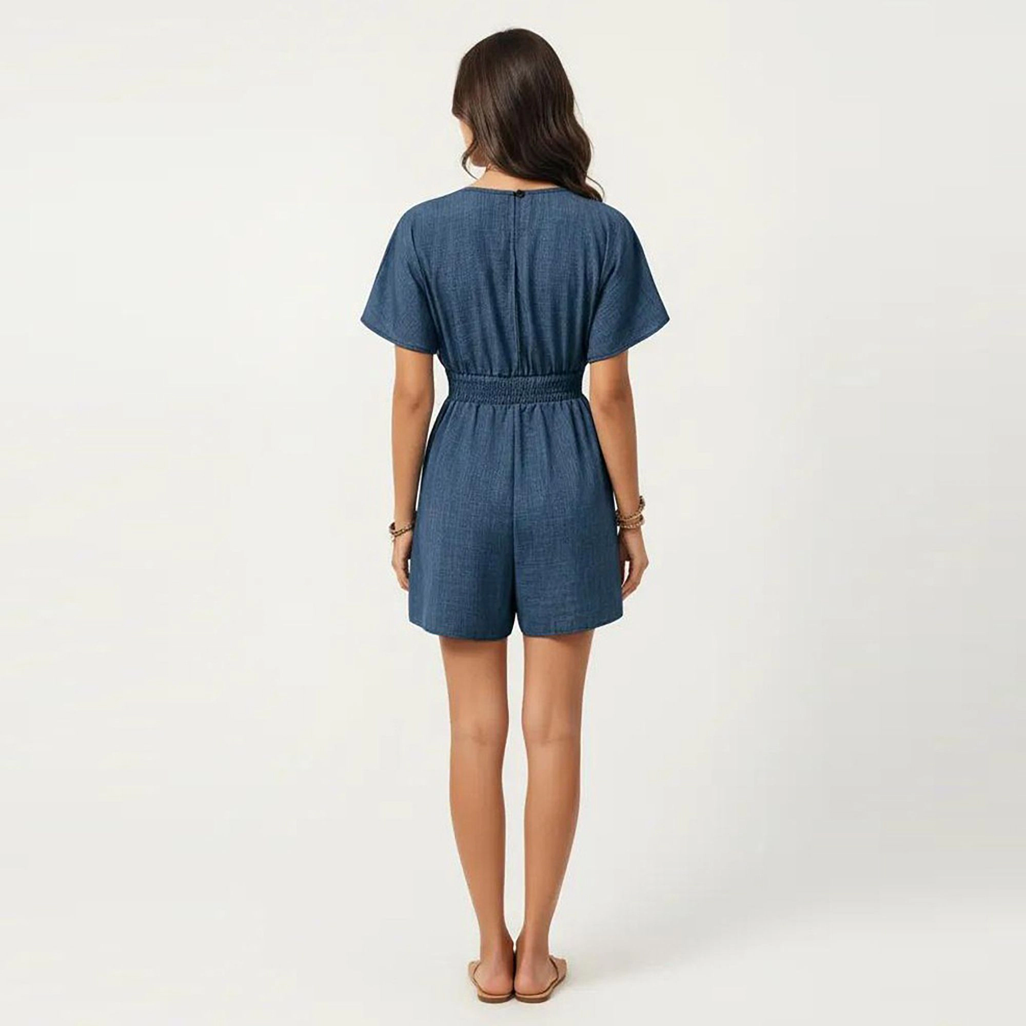 Anna-Kaci Womens Short Sleeve V-Neck Smocked Waist Romper