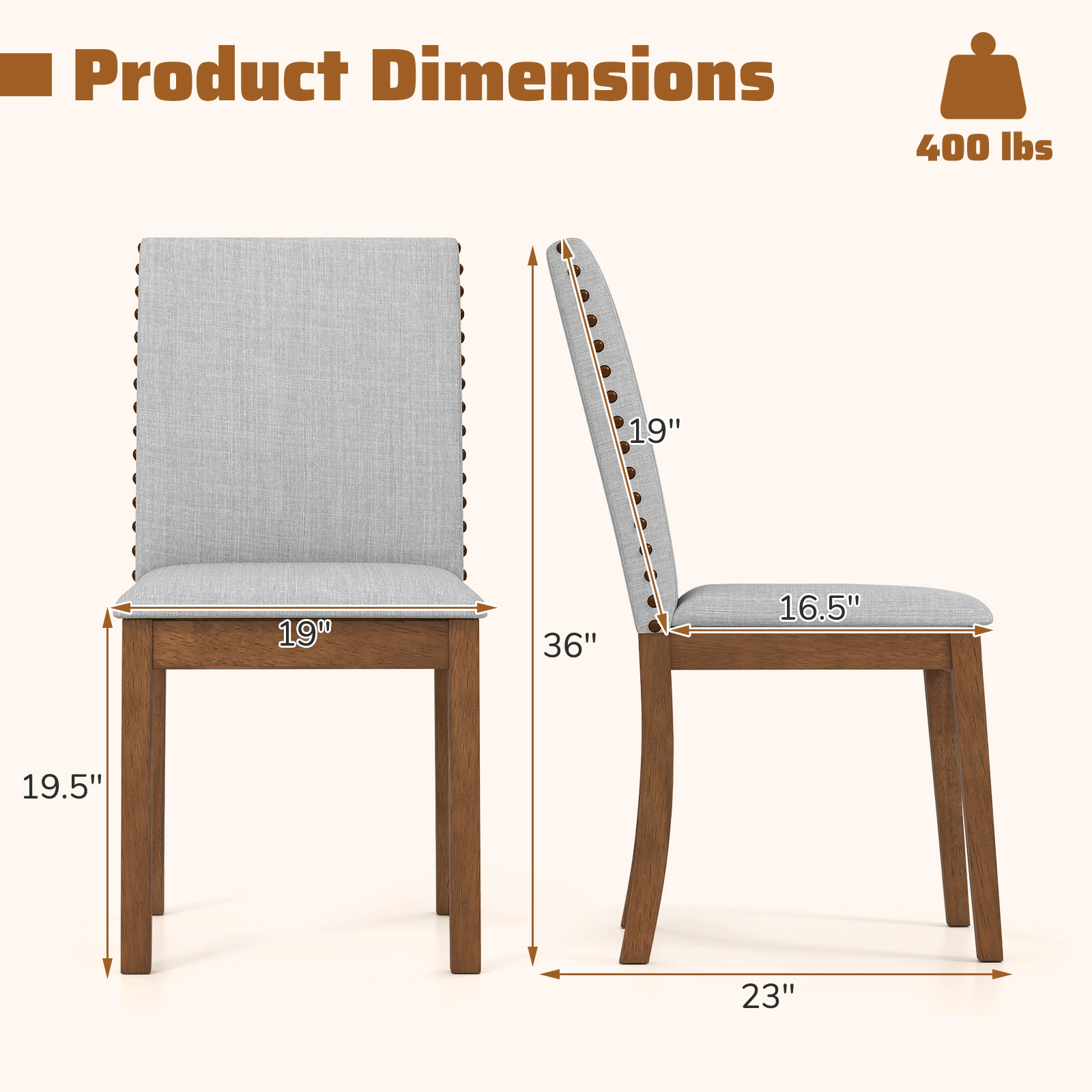 SUGIFT Set of 2 Upholstered Dining Chairs Nailhead Trim 400-Lb Capacity 23-in x 19-in x 36-in Frame Ash Gray + Walnut