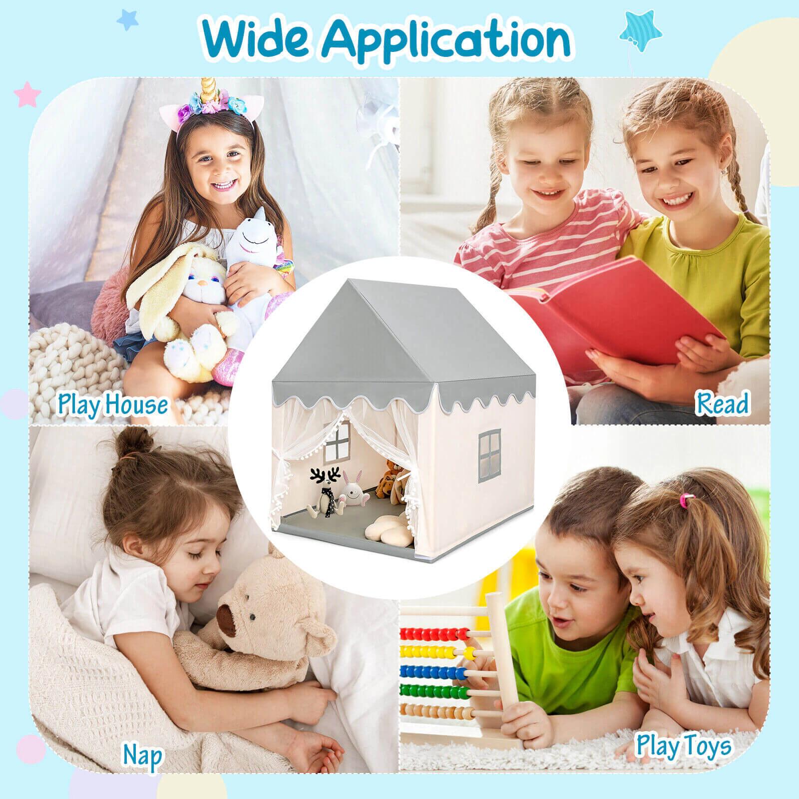 SUGIFT Large Play Castle Fairy Tent with Mat Solid Wood Frame 55-in Tall Indoor Outdoor Play Tent Beige