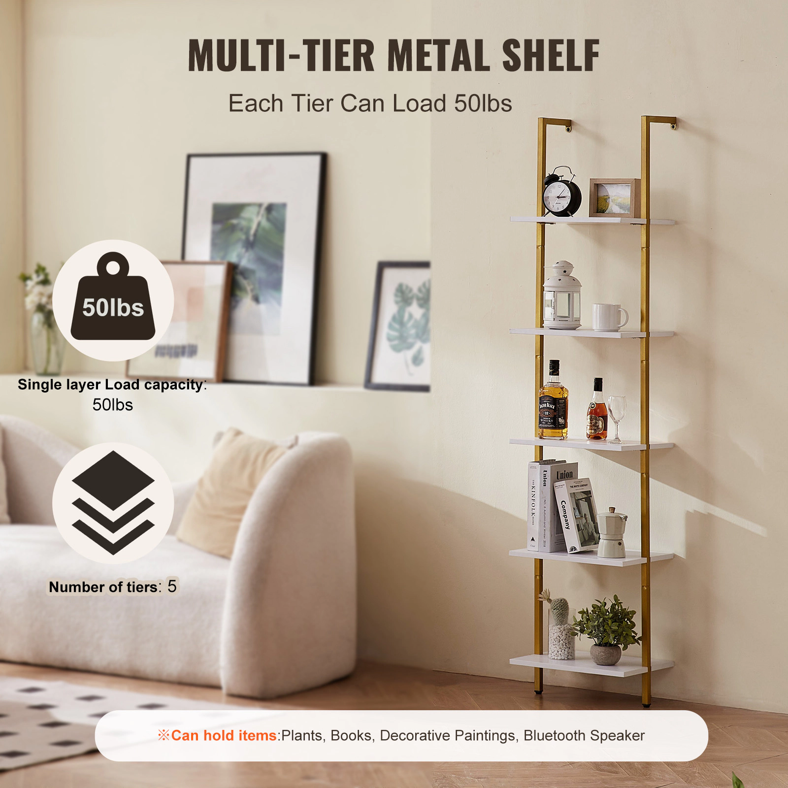 HONGGE 5-Tier Wall-Mounted Ladder Shelf, Gold Metal Frame & Wood Boards, 15.6 x 11.8 In, 50 lb Per Shelf