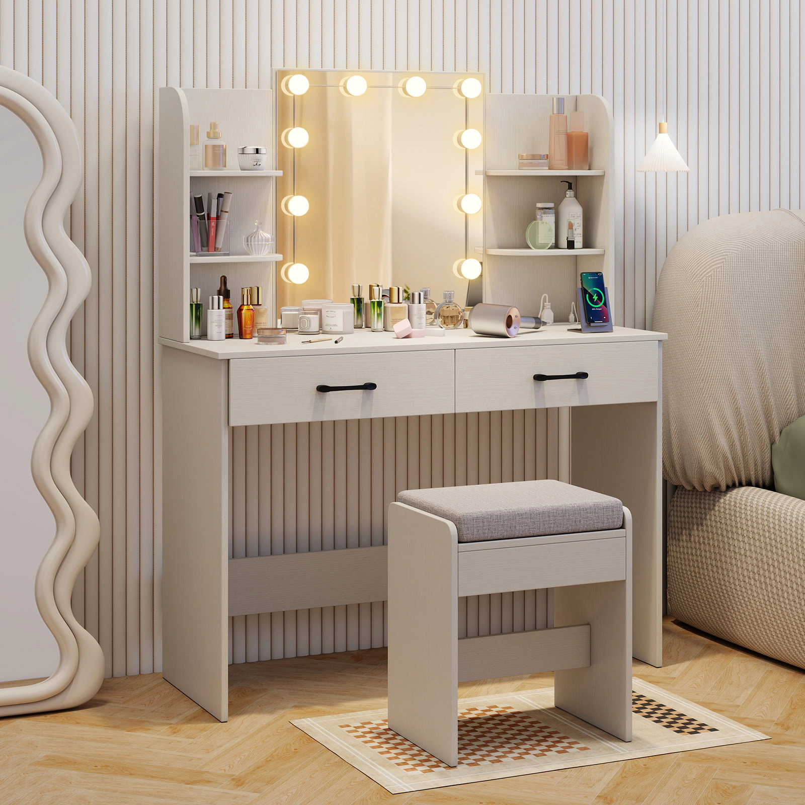 SUGIFT Lighted Mirror Vanity Set with Power Outlet and Stool 154-lb Tabletop Capacity White