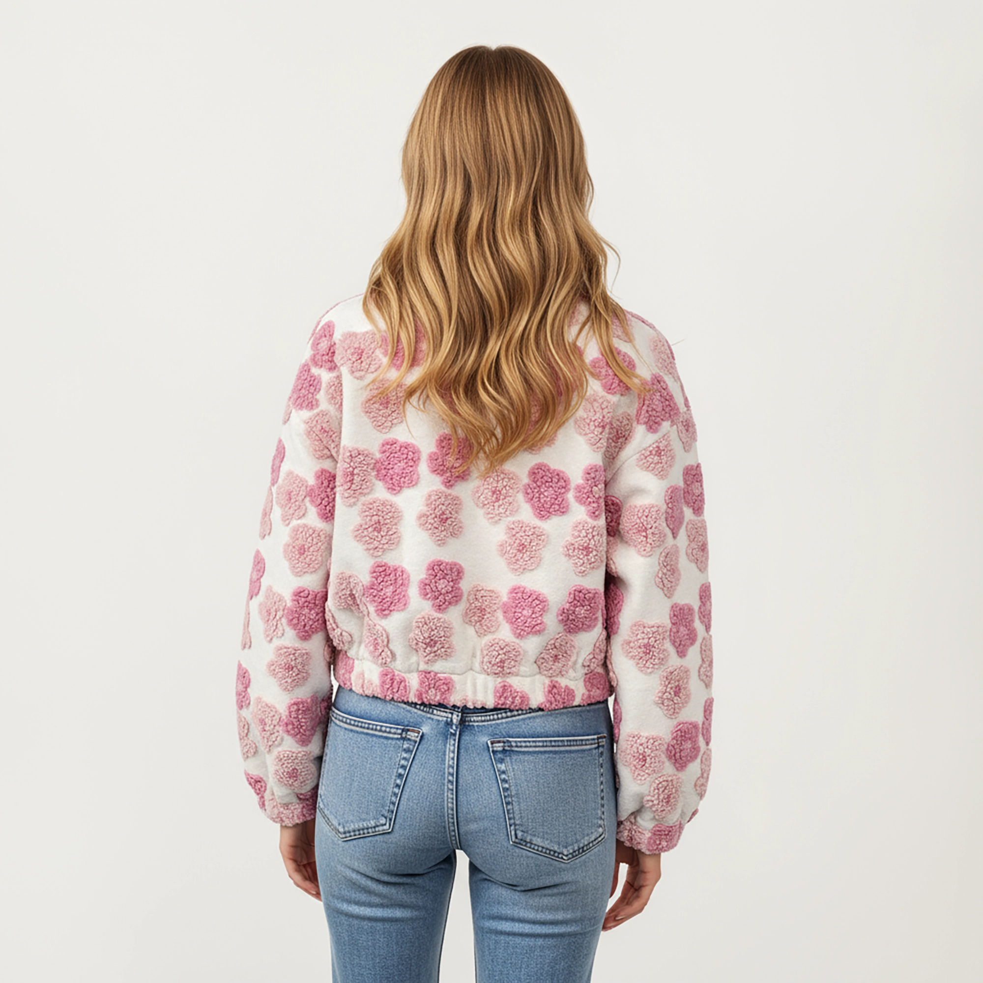 Anna-Kaci Women's Zip-Up Jacket with 3D Floral Pattern and Elastic Hem