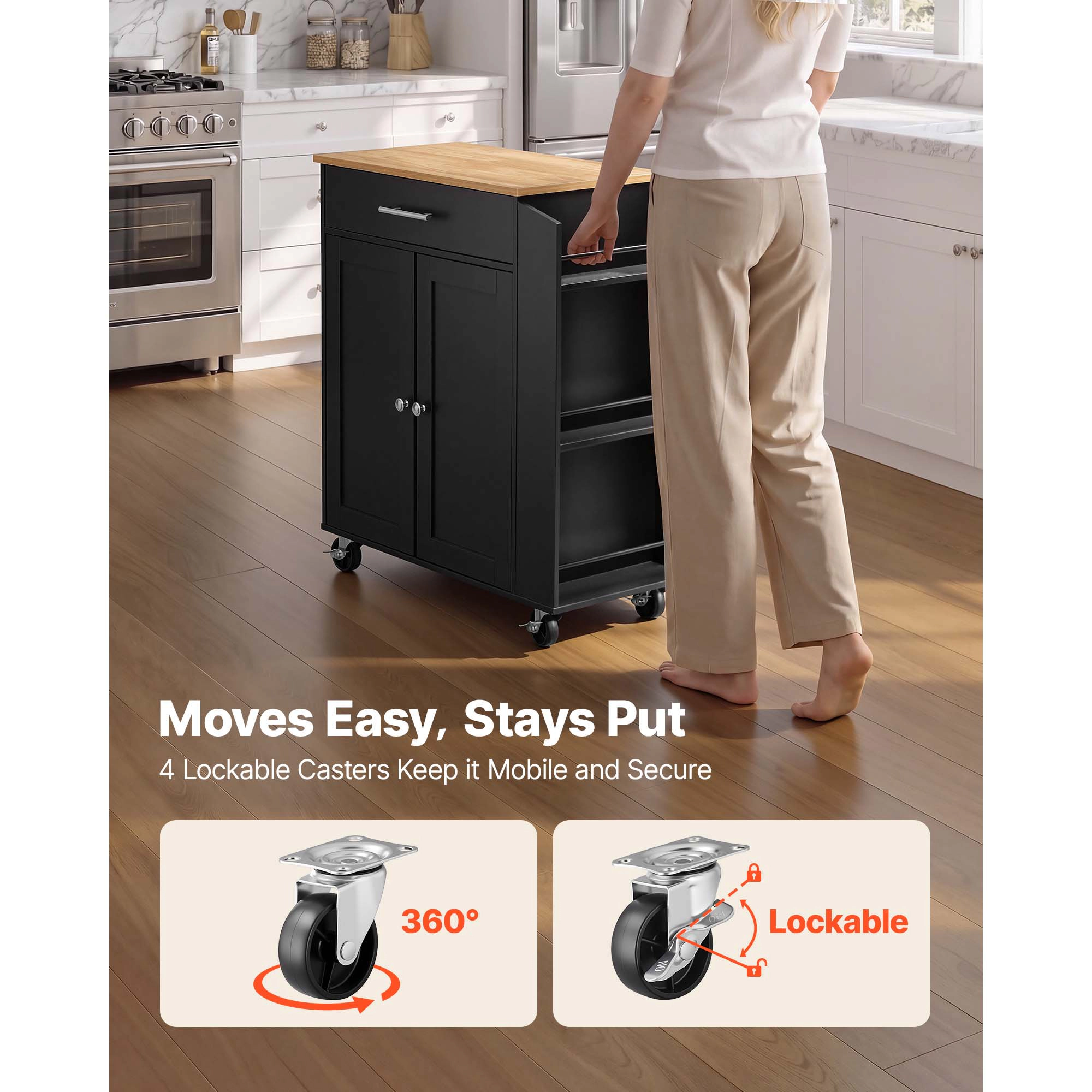 HONGGE Kitchen Island Cart with Storage Mobile Rolling Storage Island on Swivel Wheels with Drawer Storage Cabinet Rack