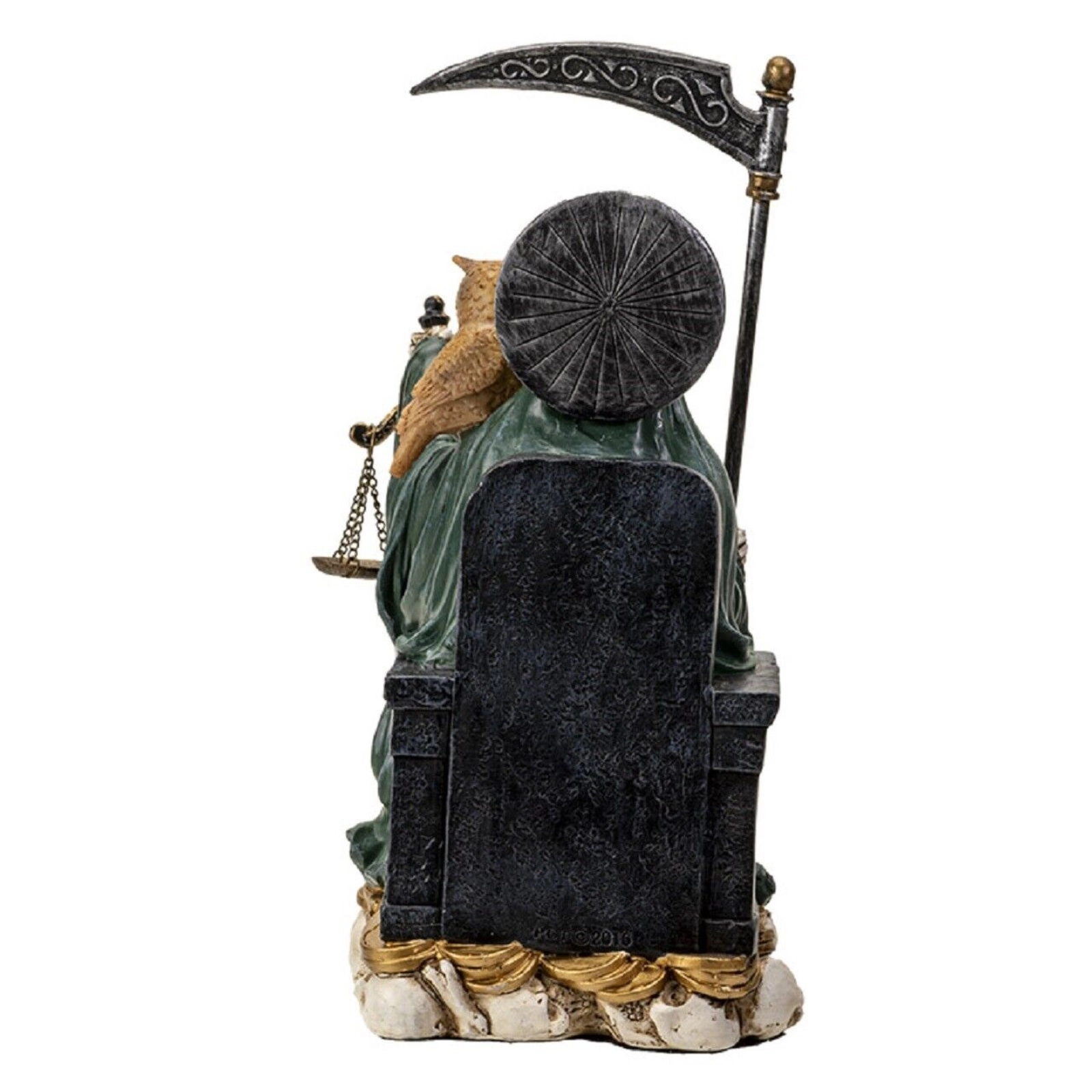 Pacific Giftware Sitting Santa Muerte inGreen Gown with Owl and Scale Figurine Death 9 Inch