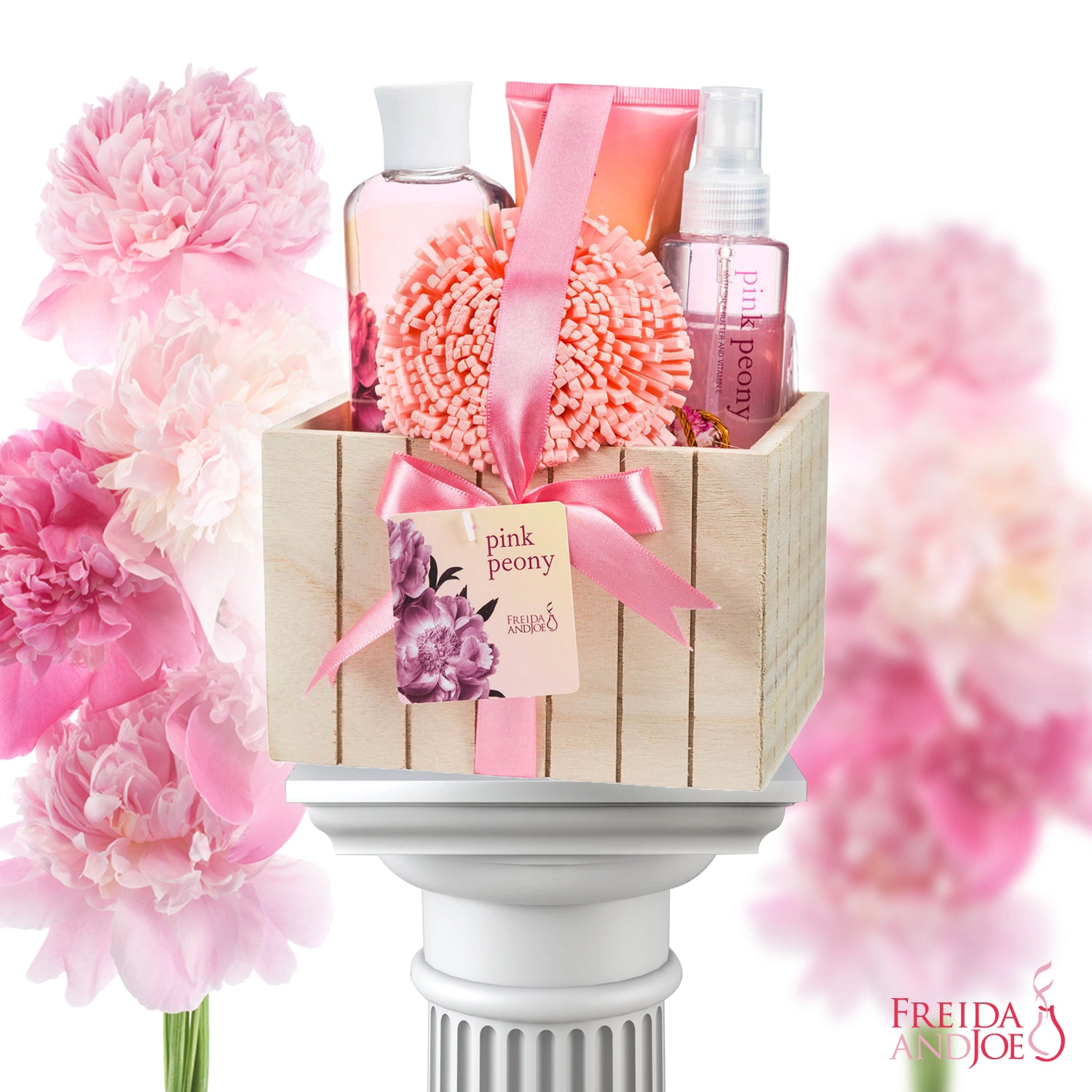 Pink Peony Bathroom Bath Set for Women in a Natural Wood Plant Box