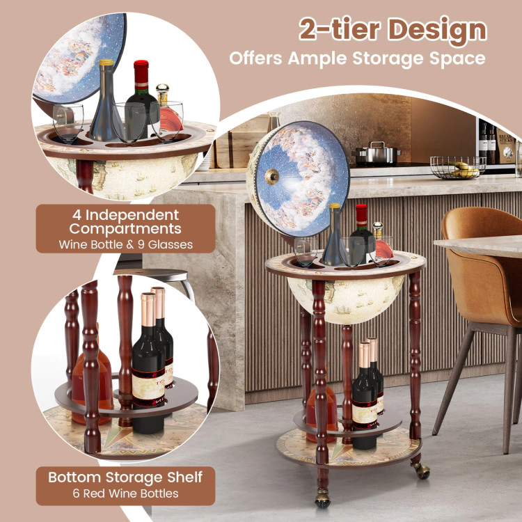 Hivvago 17 Inch Italian Style Design Wooden Globe Liquor Bottle Wine Rack with Wheels