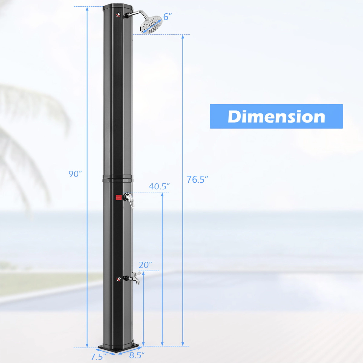 SUGIFT 7.5-ft Solar Heated Outdoor Shower PVC Column 15.9-Gallon Tank 3.5-Bar Pressure 360° Swivel Head 140 F Black