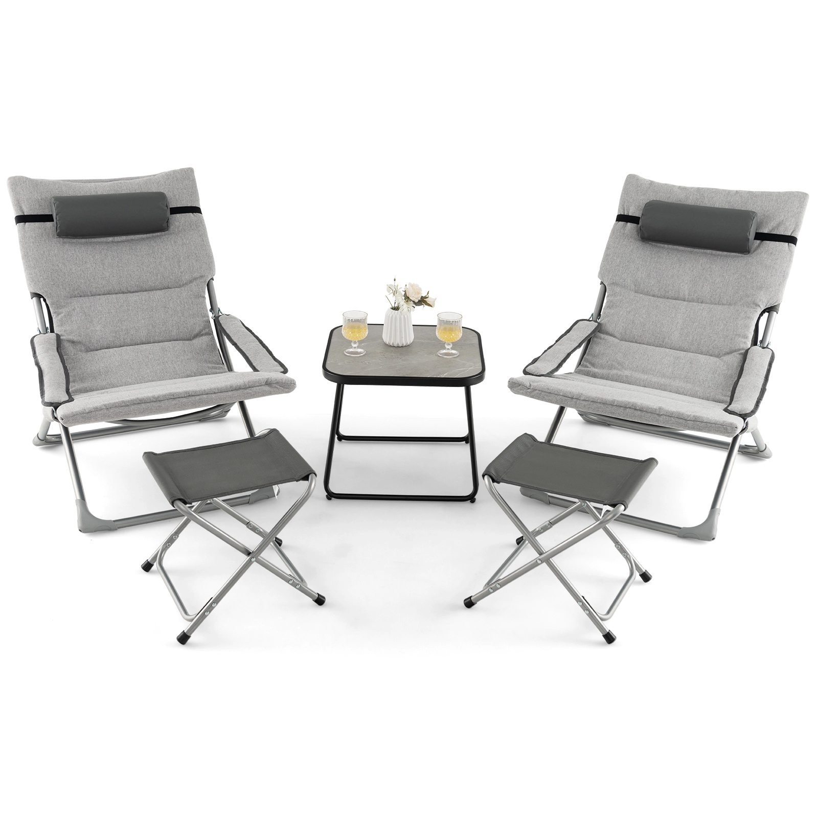 SUGIFT 5-Piece Gray Folding Patio Sling Lounge Set with 2 Footrests and Coffee Table