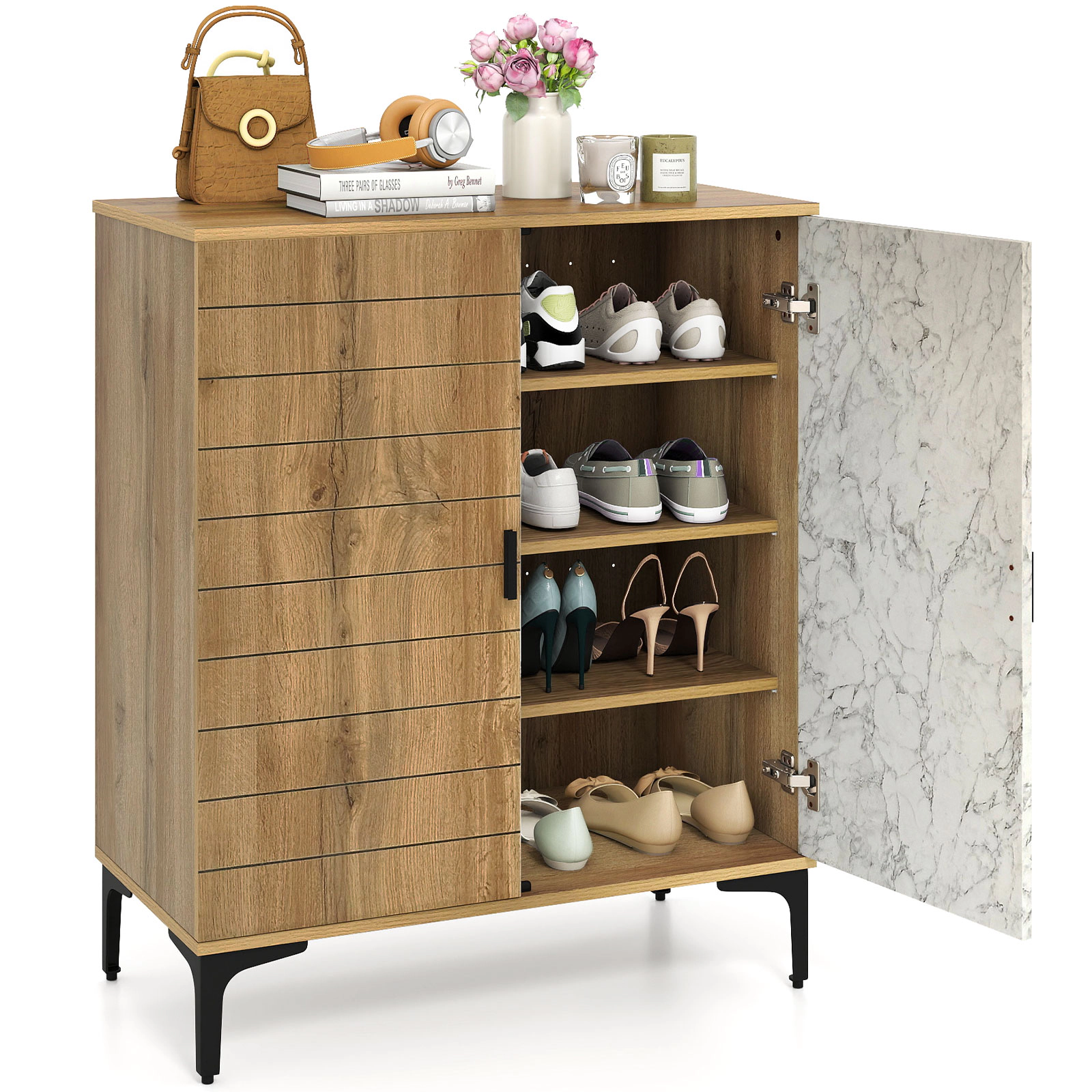SUGIFT 4 Tier Farmhouse Shoe Storage Cabinet with Removable Shelves and Metal Legs 180-lb Capacity Walnut + White