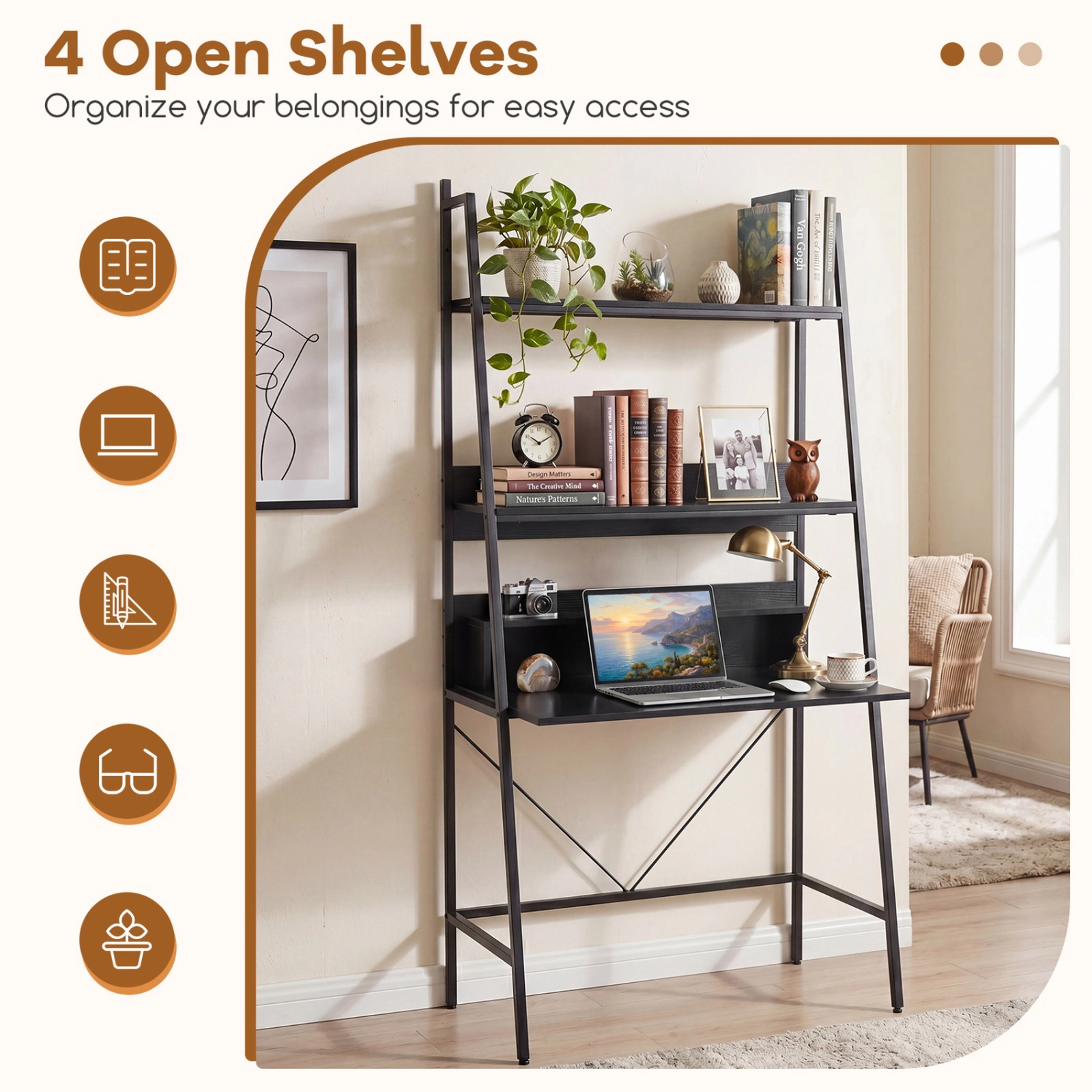 SUGIFT Two Open Shelves Anti-Tip Kit Metal Frame Industrial Ladder Desk 34-in x 20-in x 71-in 180-lb Capacity Black