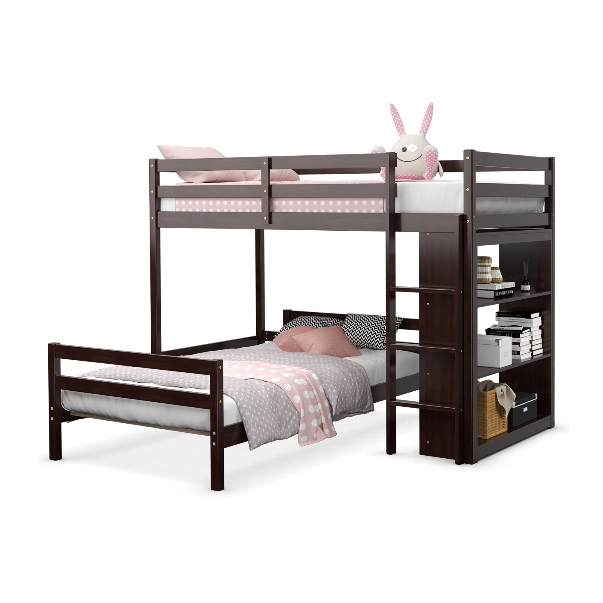 Costway Twin Over Loft Bunk Bed Wood w/Bookcase Guardrail Ladder Kids Bedroom