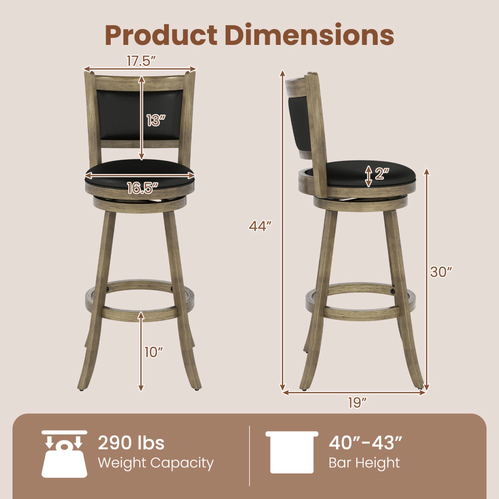 SUGIFT PVC Cushioned Seat and Backrest Set of 2 Gray 29 in Wooden Swivel Bar Stools