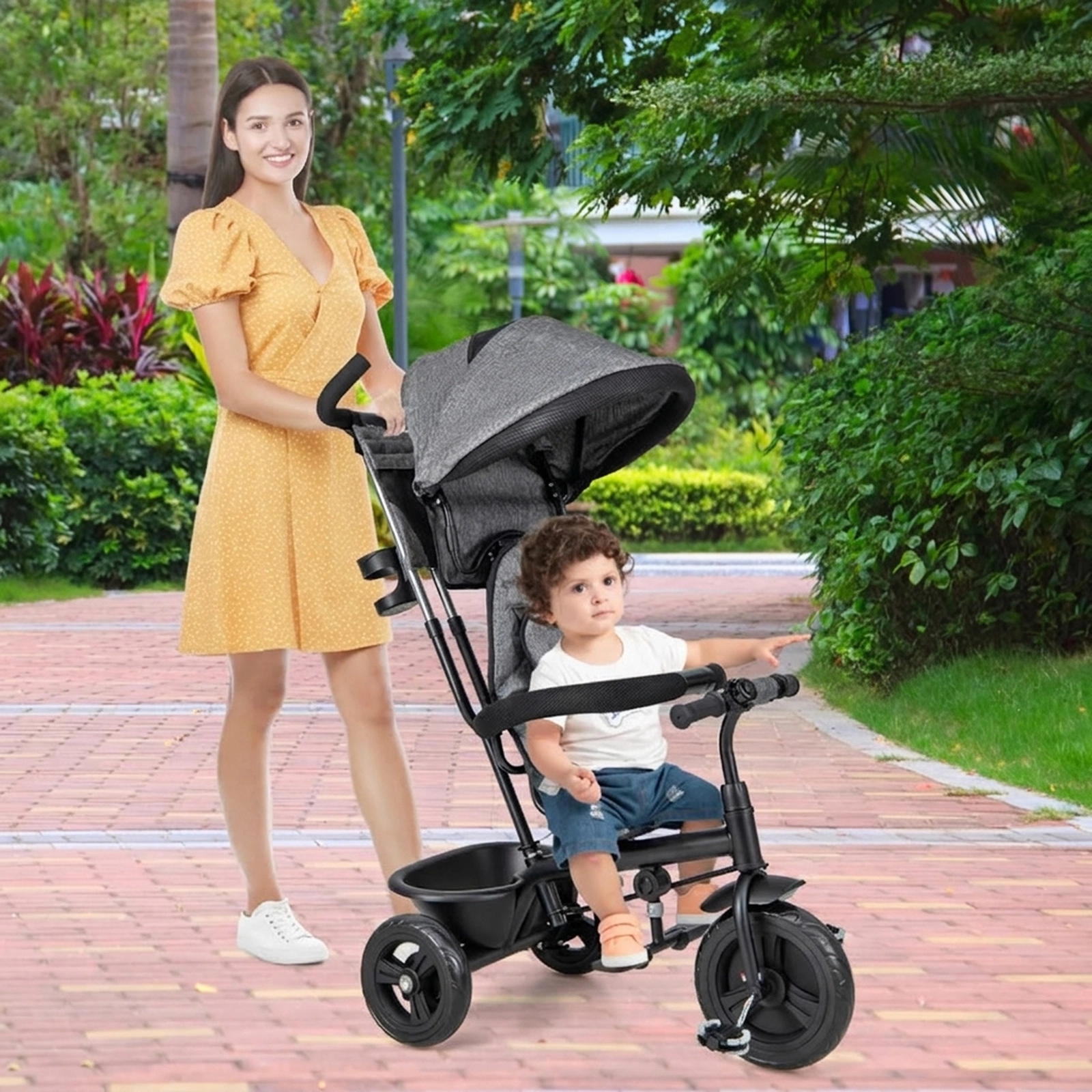 SUGIFT Gray 55-lb Capacity 4-in-1 Baby Trike Toddler Tricycle with 3 All-Terrain Wheels and Cup Holder