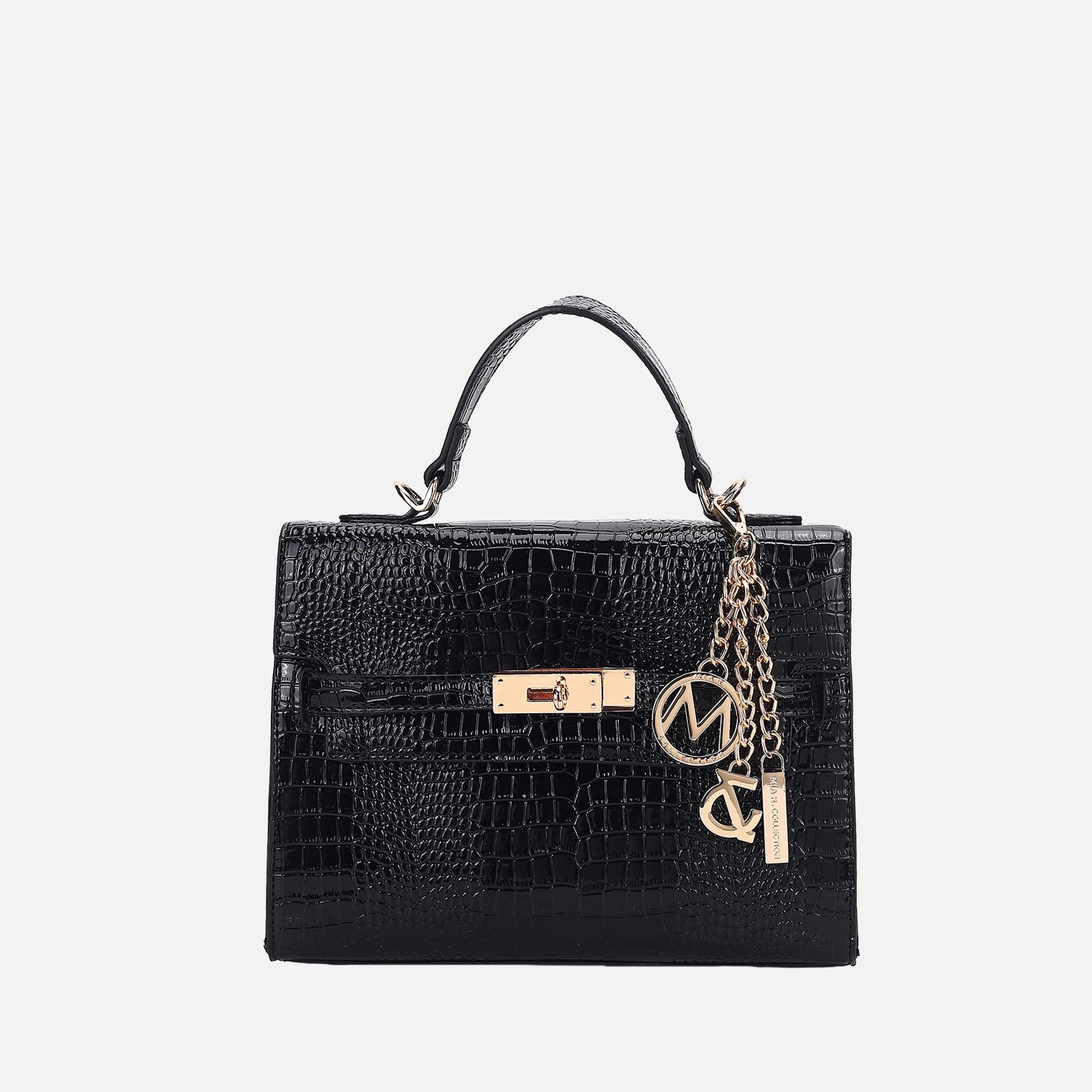 Mia K Collection Naomi Crocodile-Embossed Vegan Leather Satchel, Gold-Tone Hardware