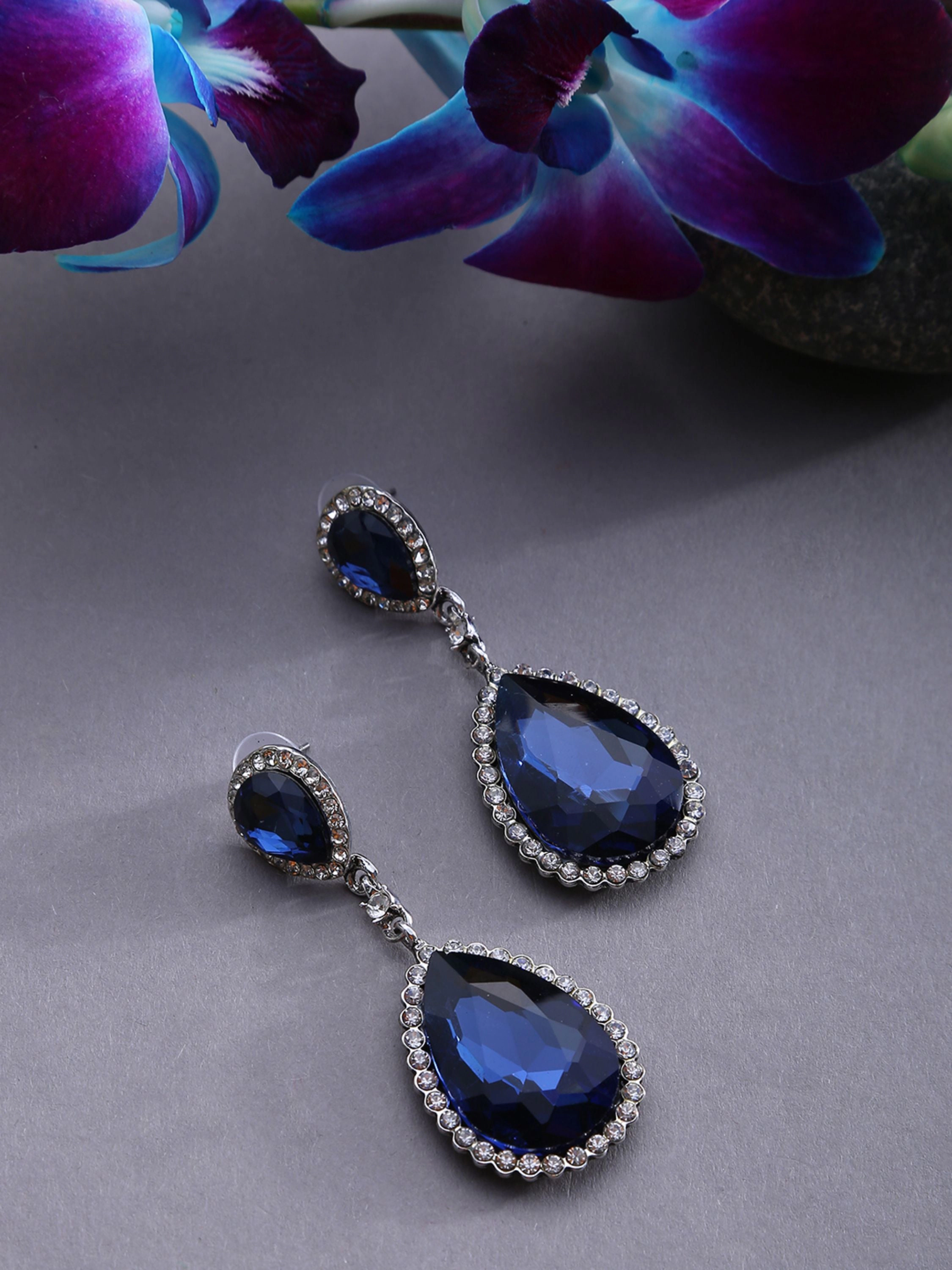 SOHI Women's Navy Blue Silver Toned Teardrop Shaped Drop Earrings