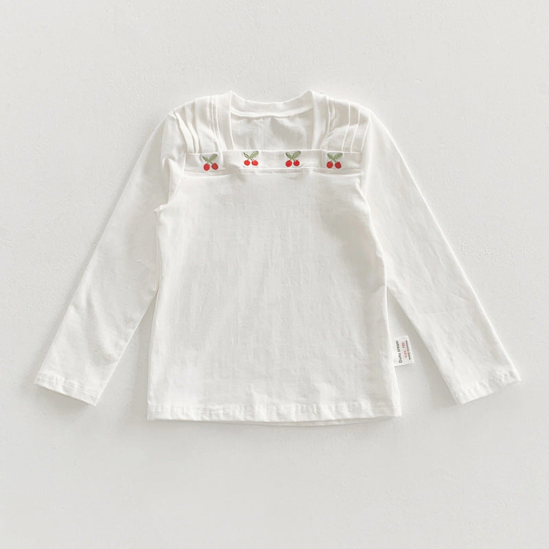 MyKids-USA Autumn Design Kids Girls Square Neck Long Sleeves Cherry Embroidery Pattern Top Shirt