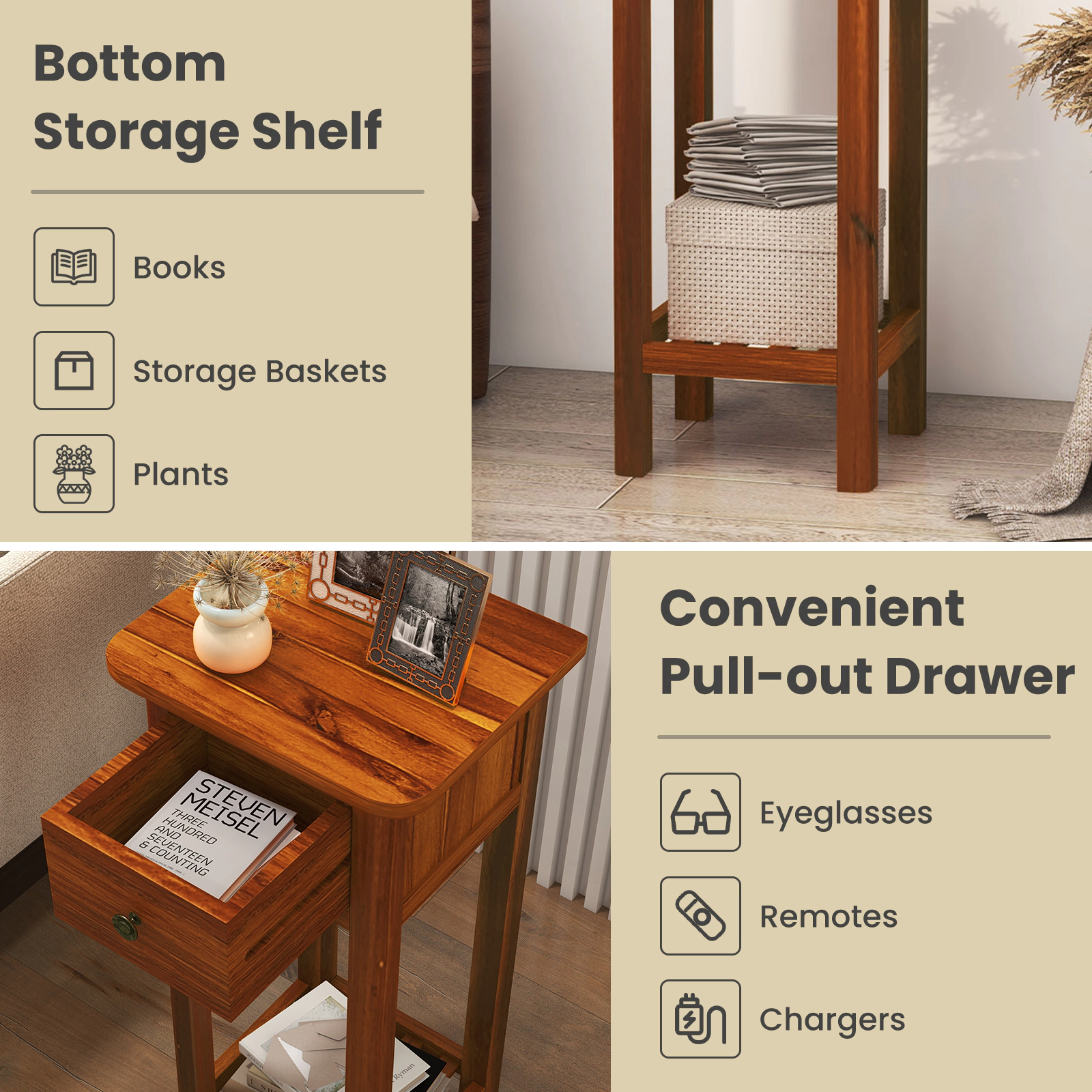 Glintex Fully Assembled Acacia Wood Side Table with 155-Lb Capacity, Natural