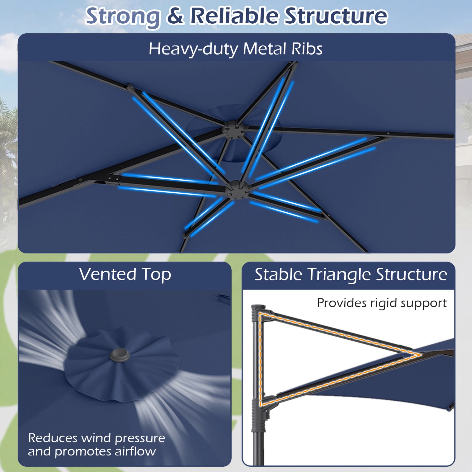 SUGIFT 10-ft Navy Blue Offset Cantilever Patio Umbrella with 360-Degree Rotation Vented Top and Cross Base