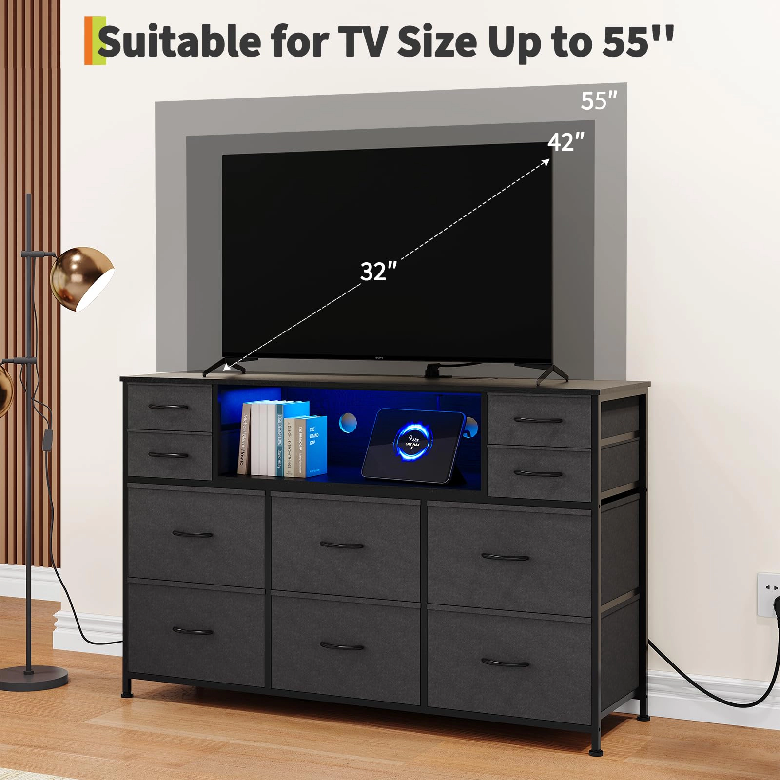10 Drawer Fabric Dresser, TV Stand with RGB LED Lights & Power Outlet for 45"-55"