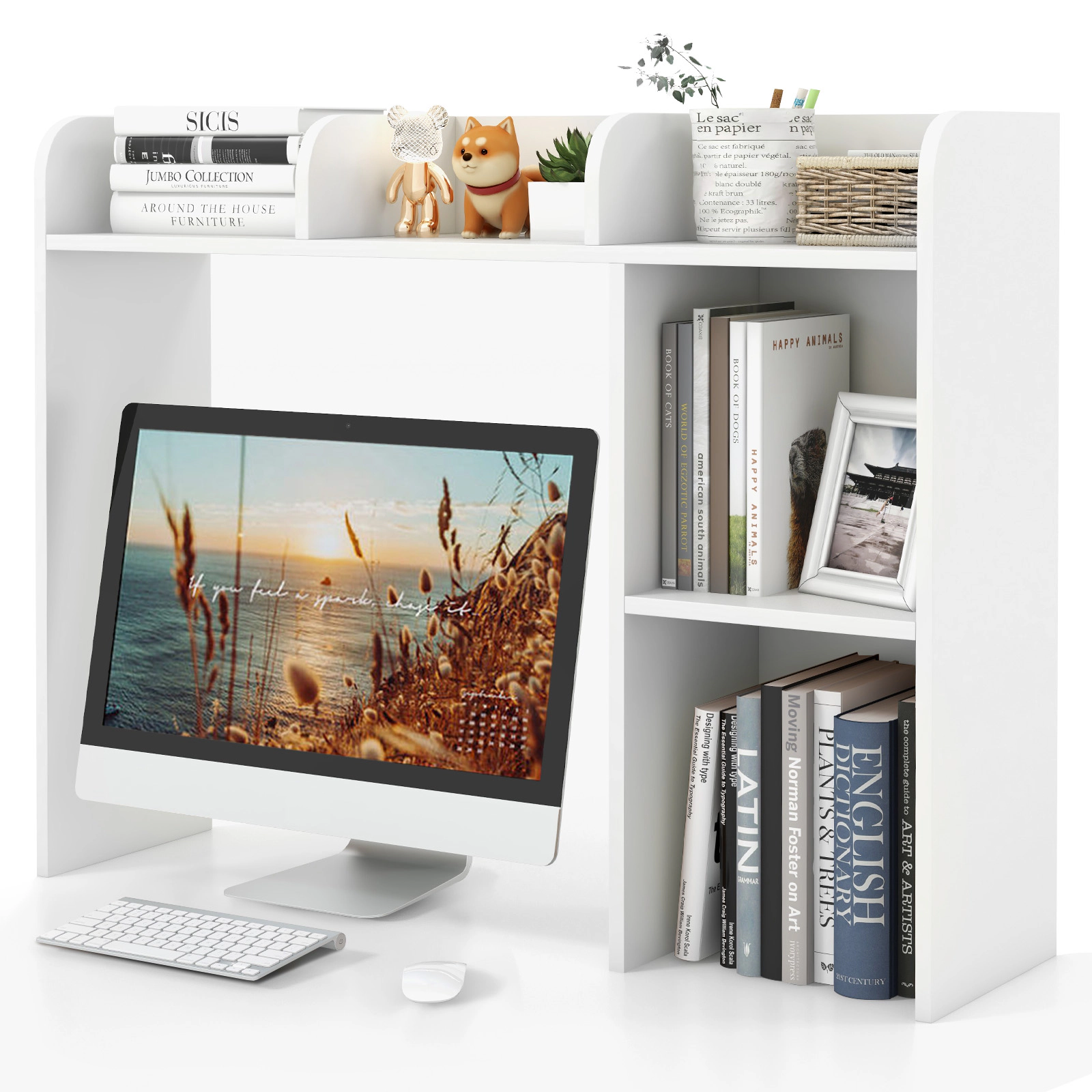 SUGIFT 3-Tier Multipurpose Engineered Wood Desk Bookshelf with 4 Shelves 37-in Wide 100-lb Capacity White