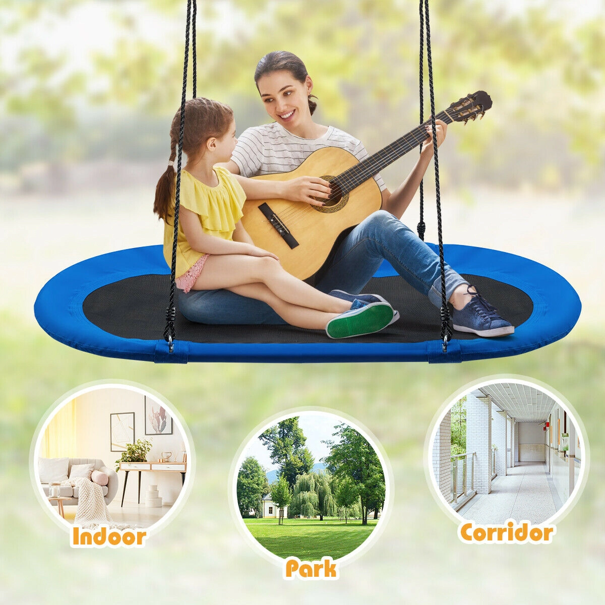 SUGIFT Kids Blue Outdoor Oval Saucer Swing with Adjustable Ropes 60-in W 32-in D 40-in to 63-in H 700-lb Swing Capacity