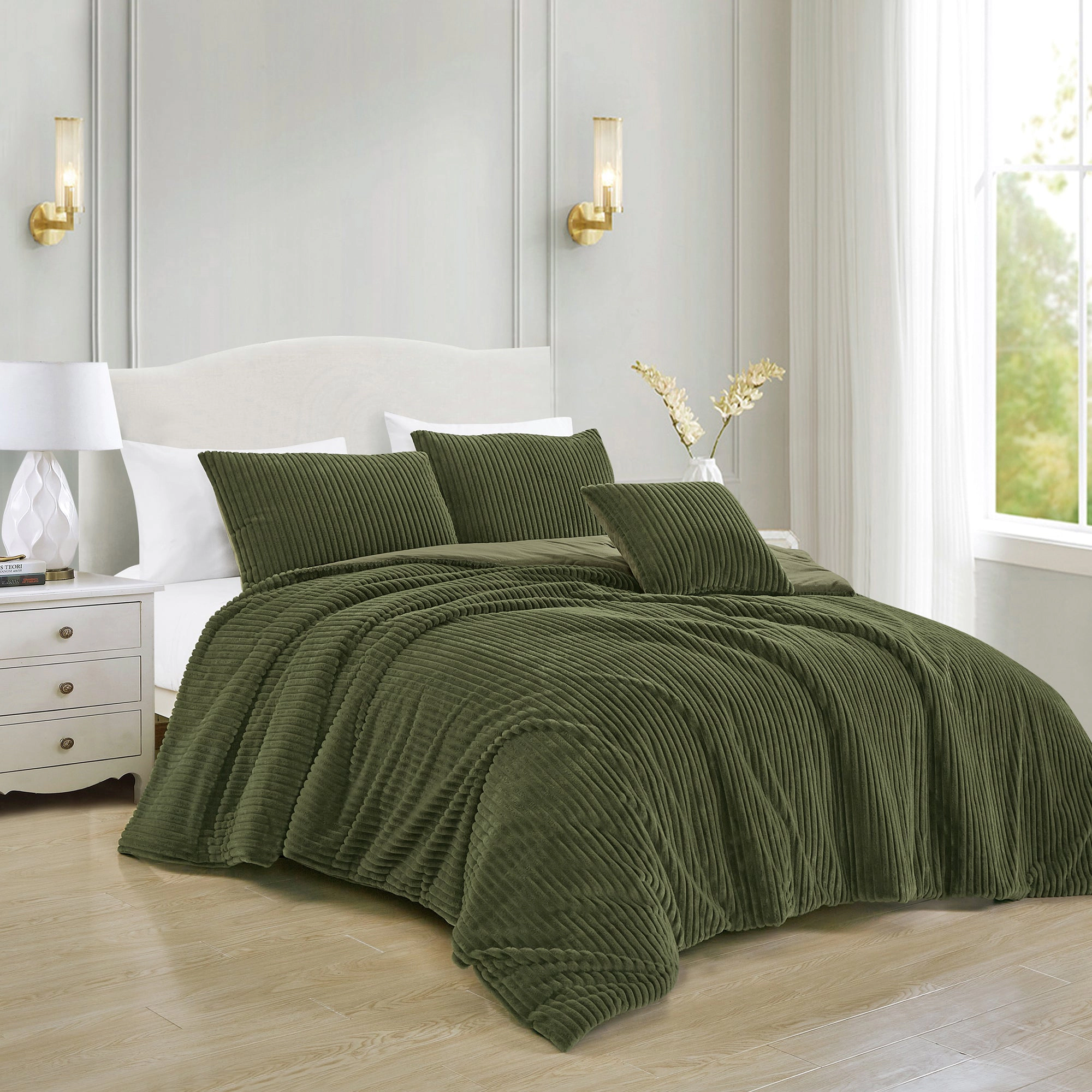 MarCielo 4 Pieces Plush Ribbed Faux Fur Comforter Set with Velvet Backing